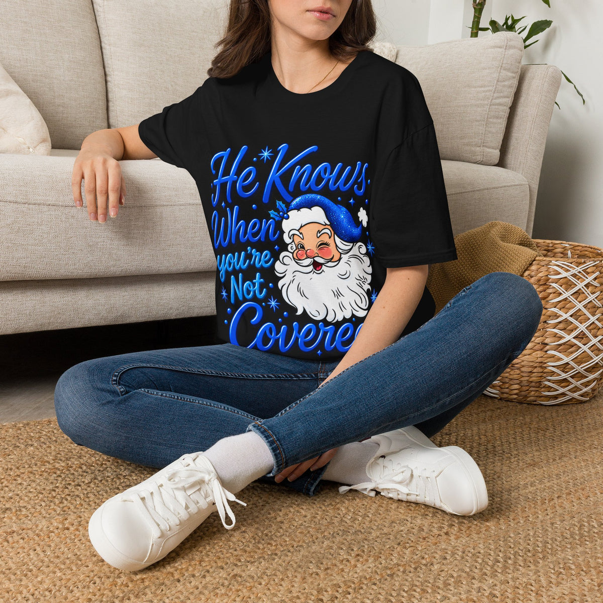 He Knows When You Are Not Covered Santa Christmas T-Shirt - Blue Black