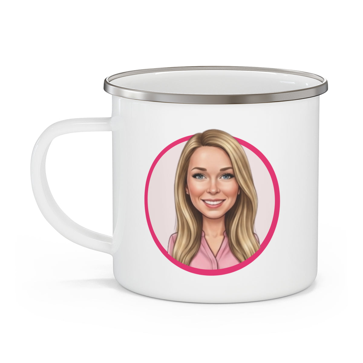 Cyndy Enamel Camping Mug — Search Perfect  Retro Pink Circle Camper Coffee Cup for Outdoor Lovers