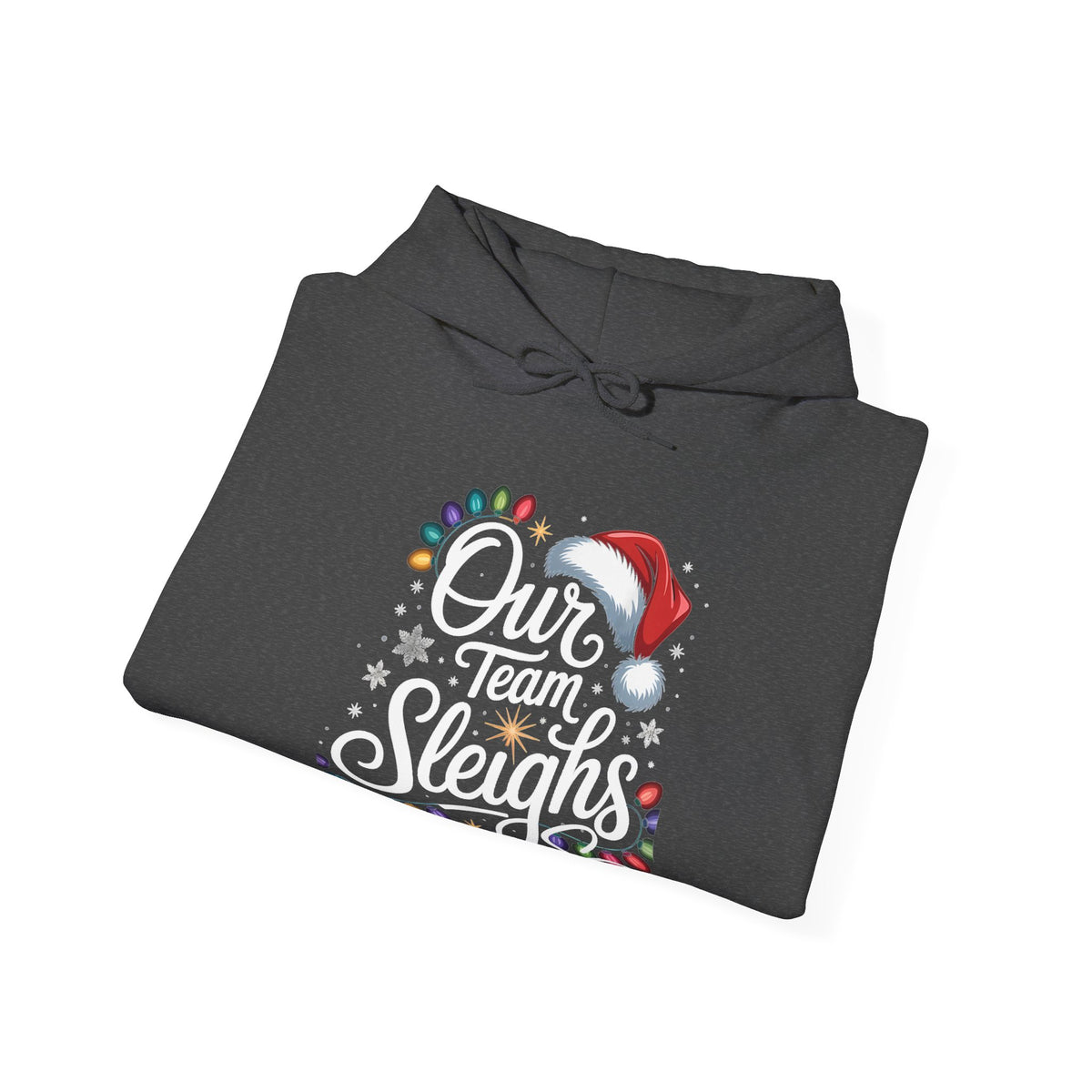 Our Team Sleighs Search Perfect Hoodie — Christmas Lights & Santa Hat Pullover