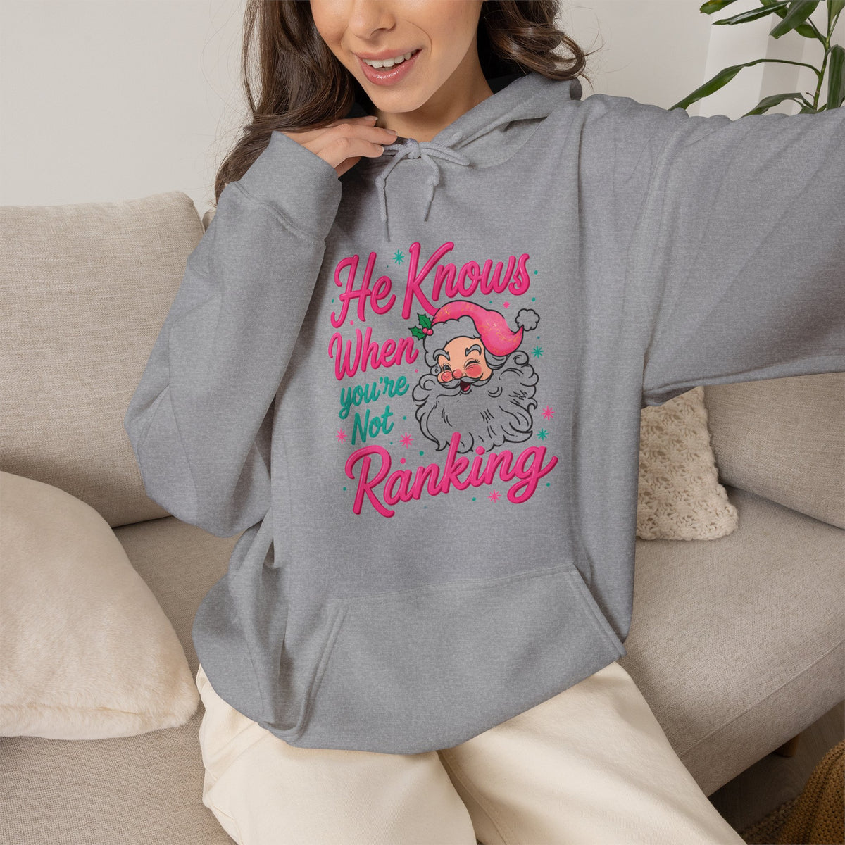 Santa Graphic Hoodie — "He Knows When You’re Not Ranking" SEO Funny Holiday Hoodie (Search Perfect Back)