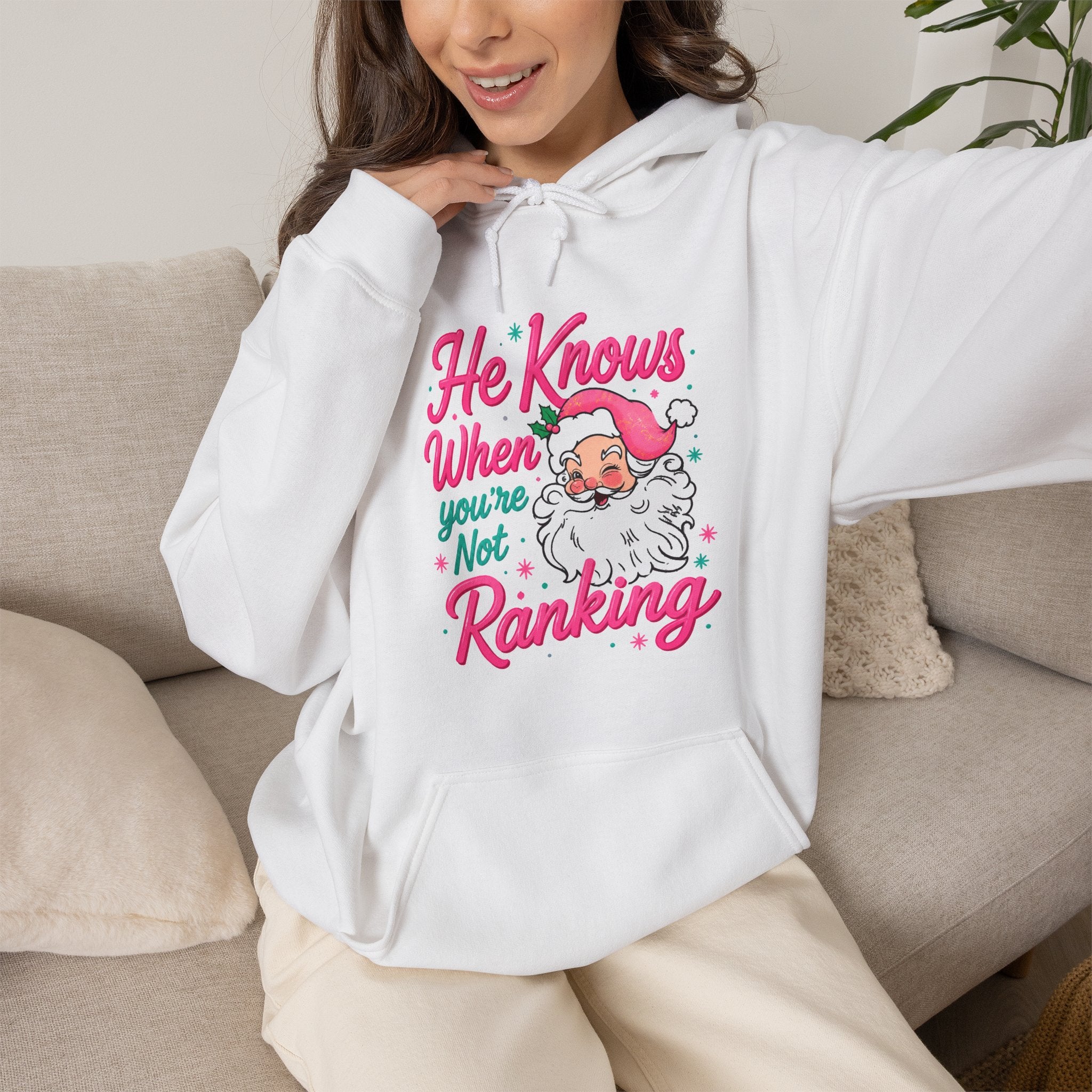 Santa Graphic Hoodie — "He Knows When You’re Not Ranking" SEO Funny Holiday Hoodie (Search Perfect Back)