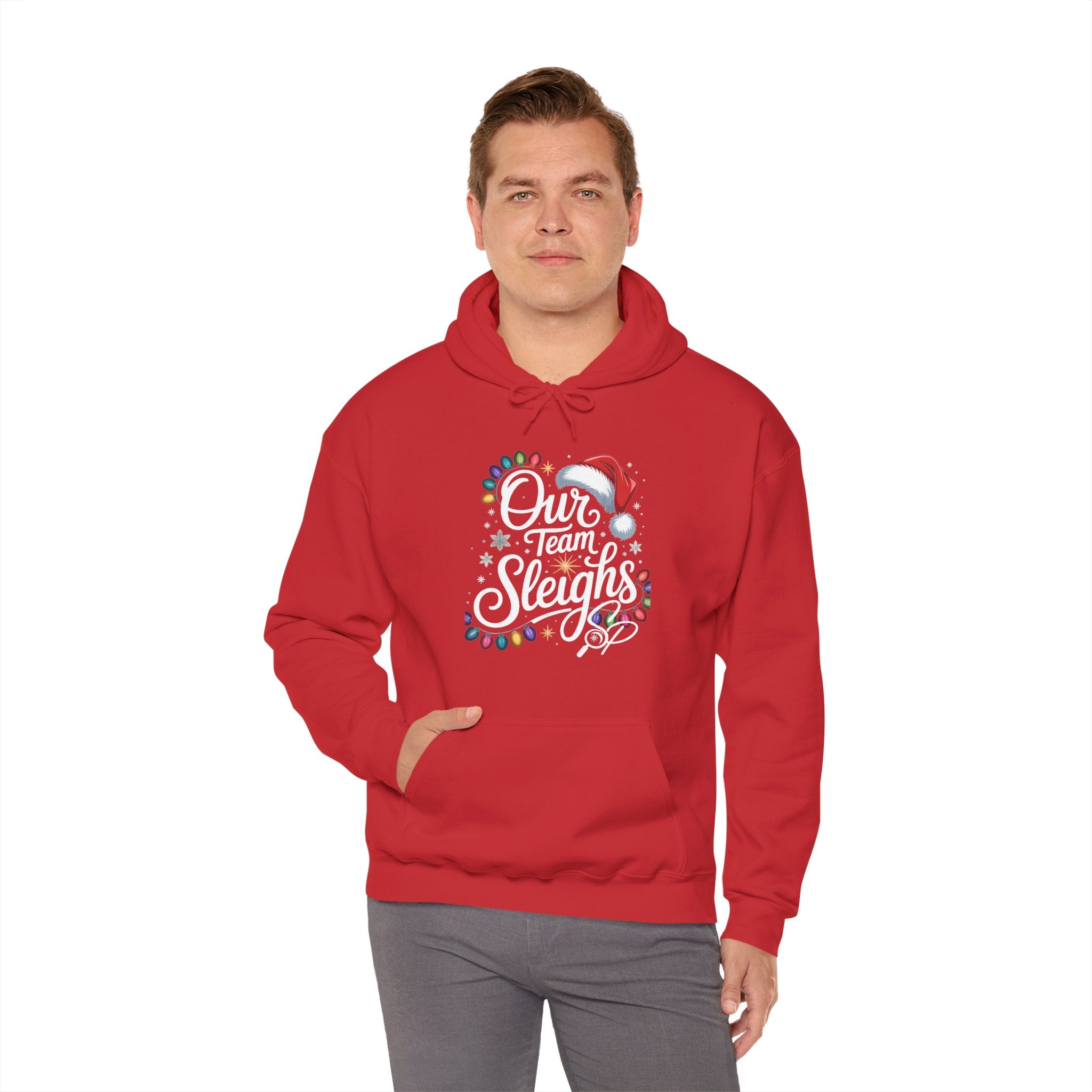 Our Team Sleighs Search Perfect Hoodie — Christmas Lights & Santa Hat Pullover