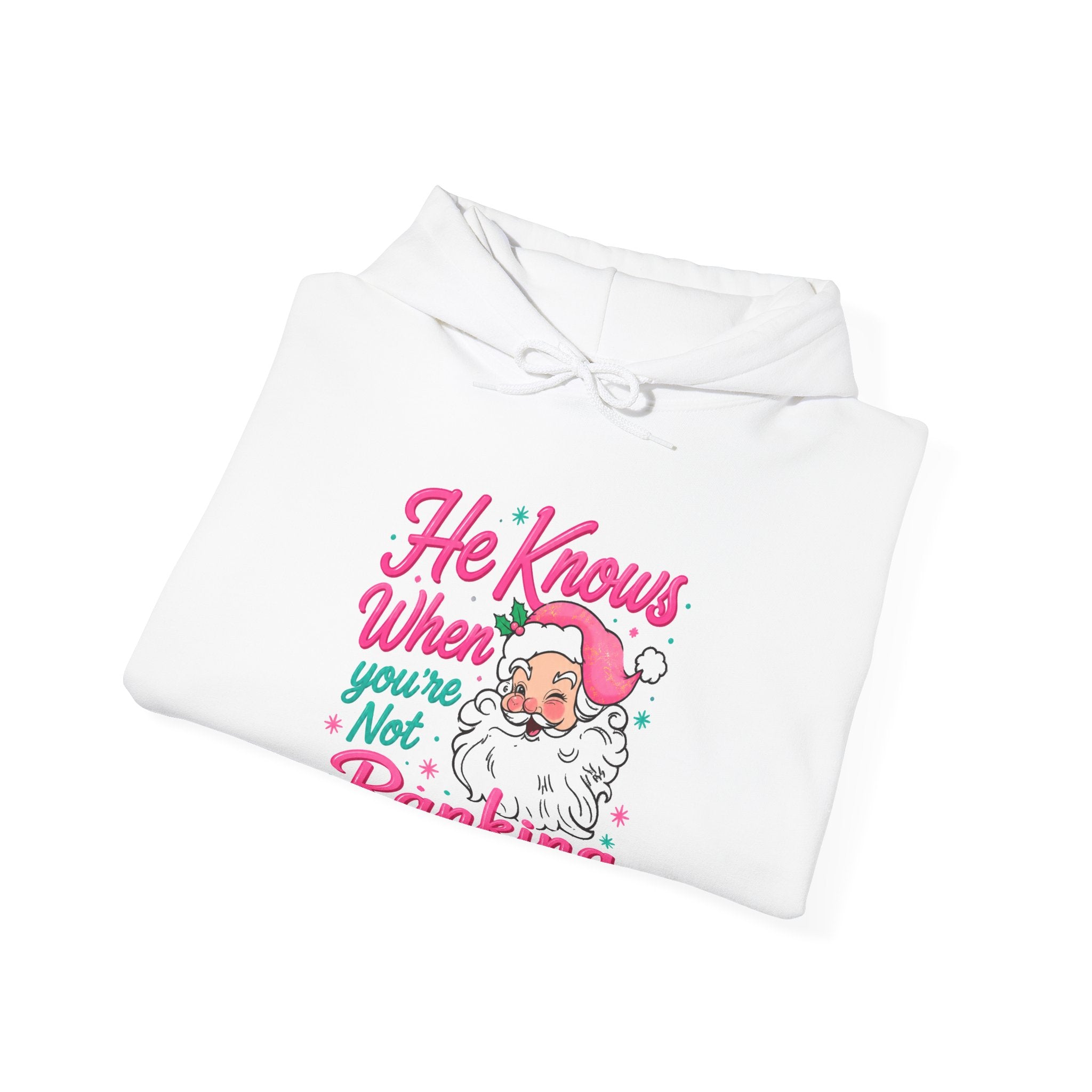 Santa Graphic Hoodie — "He Knows When You’re Not Ranking" SEO Funny Holiday Hoodie (Search Perfect Back)