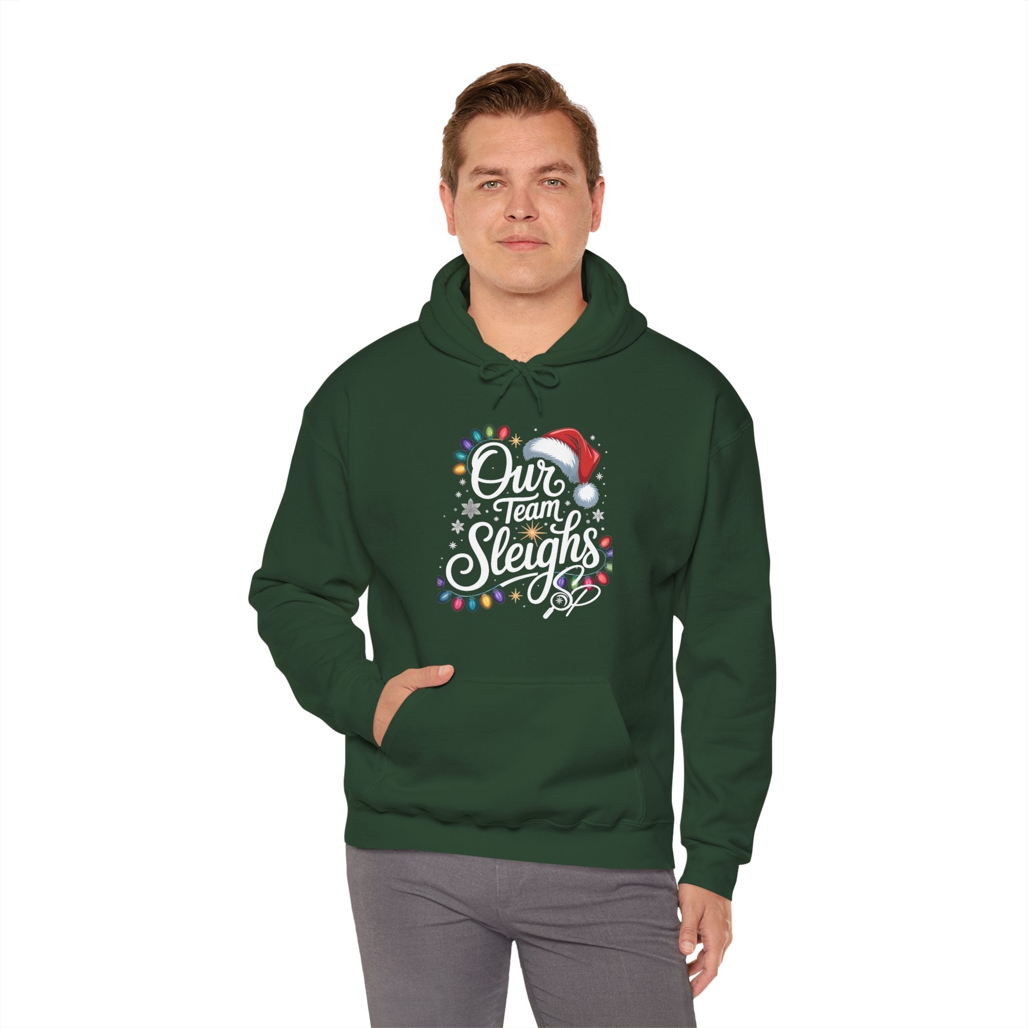 Our Team Sleighs Search Perfect Hoodie — Christmas Lights & Santa Hat Pullover