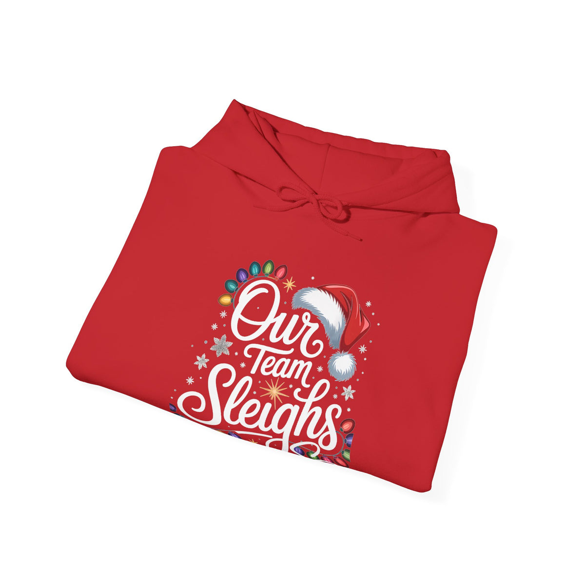 Our Team Sleighs Search Perfect Hoodie — Christmas Lights & Santa Hat Pullover