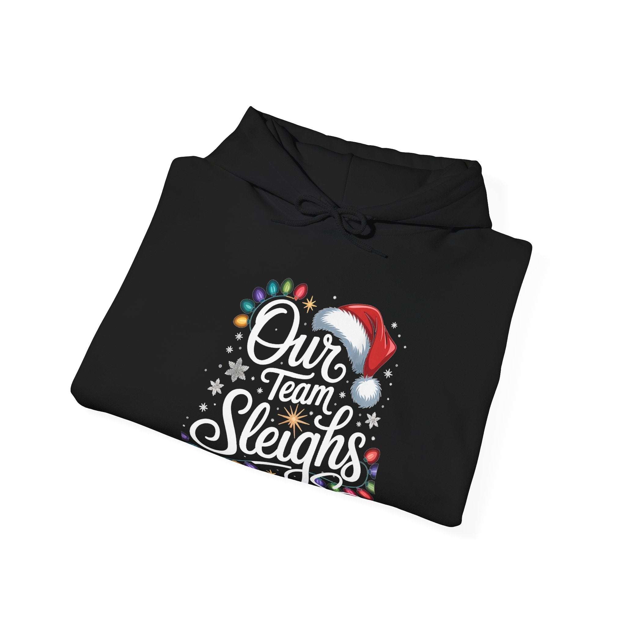 Our Team Sleighs Search Perfect Hoodie — Christmas Lights & Santa Hat Pullover