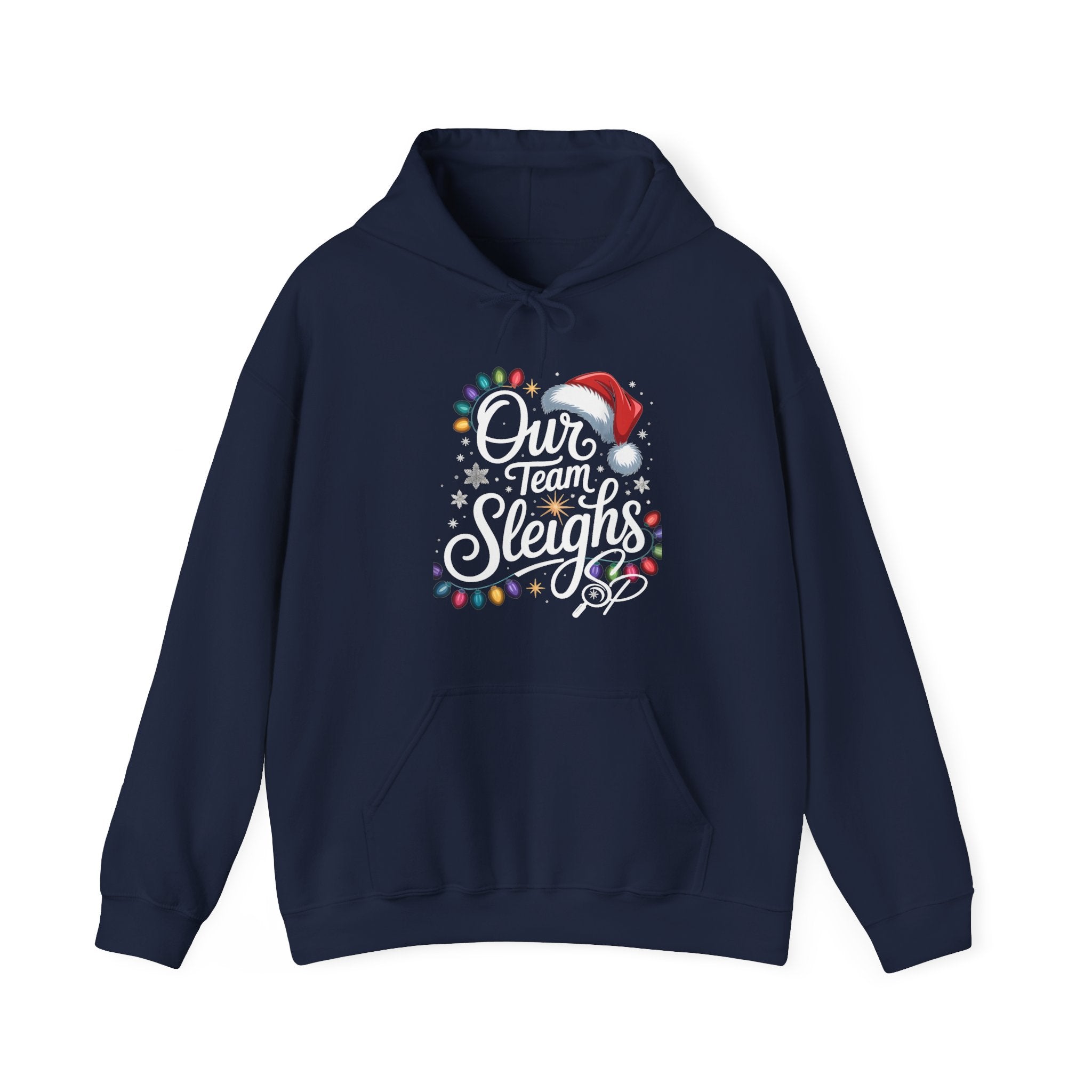 Our Team Sleighs Search Perfect Hoodie — Christmas Lights & Santa Hat Pullover