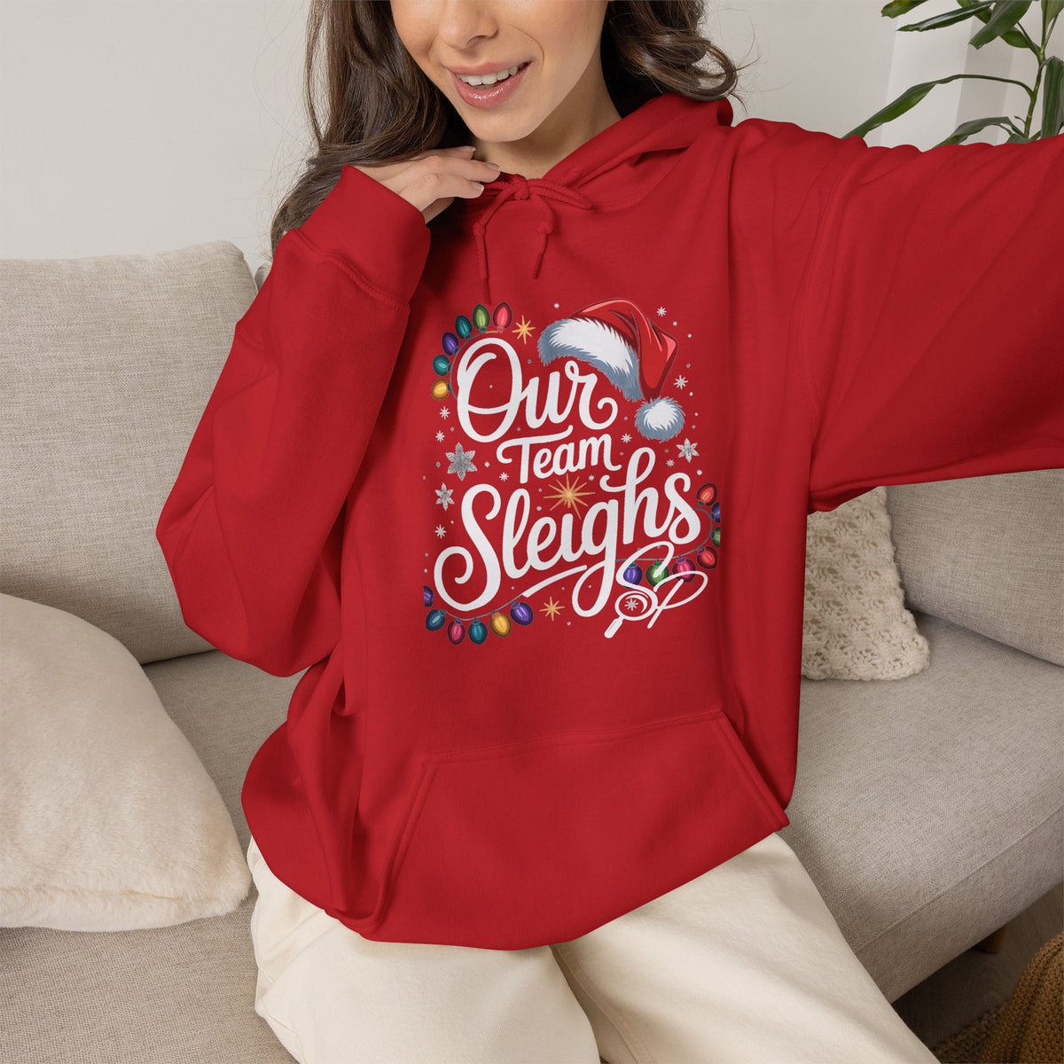 Our Team Sleighs Search Perfect Hoodie — Christmas Lights & Santa Hat Pullover