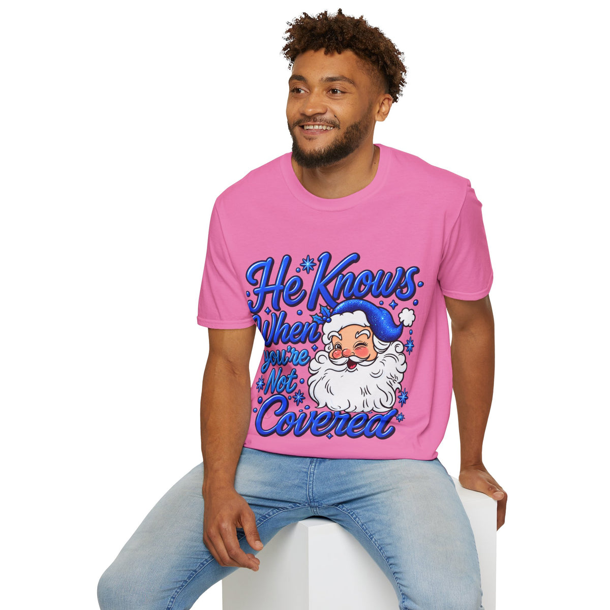 He Knows When You Are Not Covered Santa Christmas T-Shirt - Blue Black