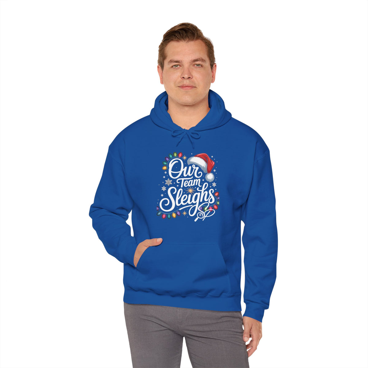 Our Team Sleighs Search Perfect Hoodie — Christmas Lights & Santa Hat Pullover