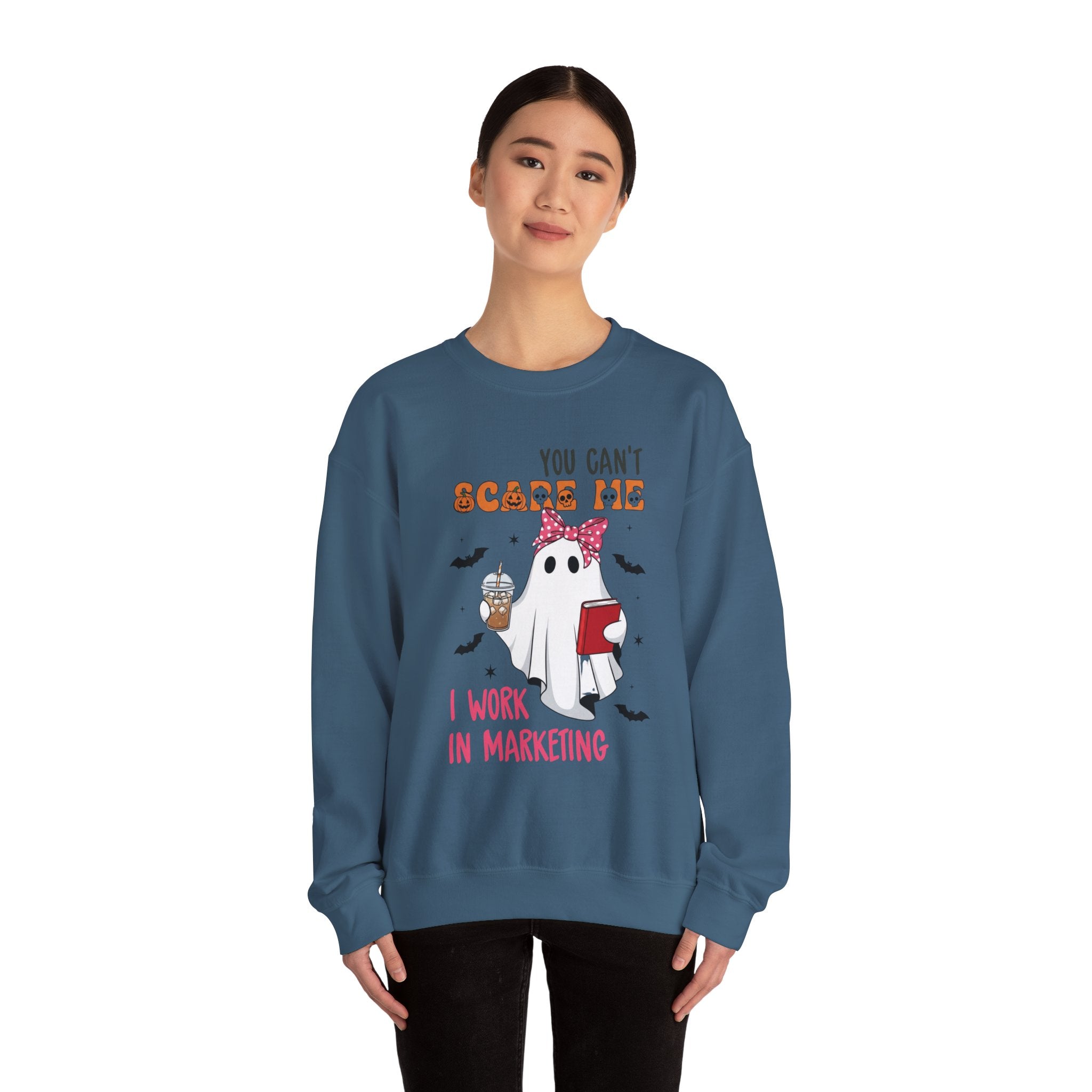 Funny Marketing Sweatshirt, Cute Ghost Ghoul Design, Halloween Gift, Unisex Crewneck, Work Humor