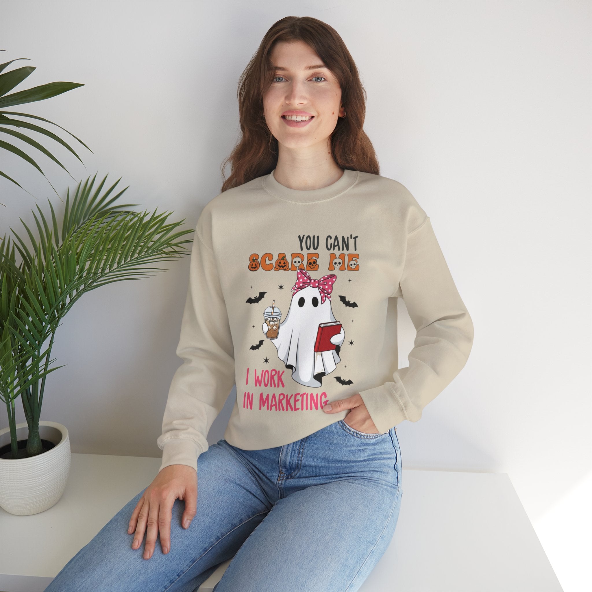 Funny Marketing Sweatshirt, Cute Ghost Ghoul Design, Halloween Gift, Unisex Crewneck, Work Humor