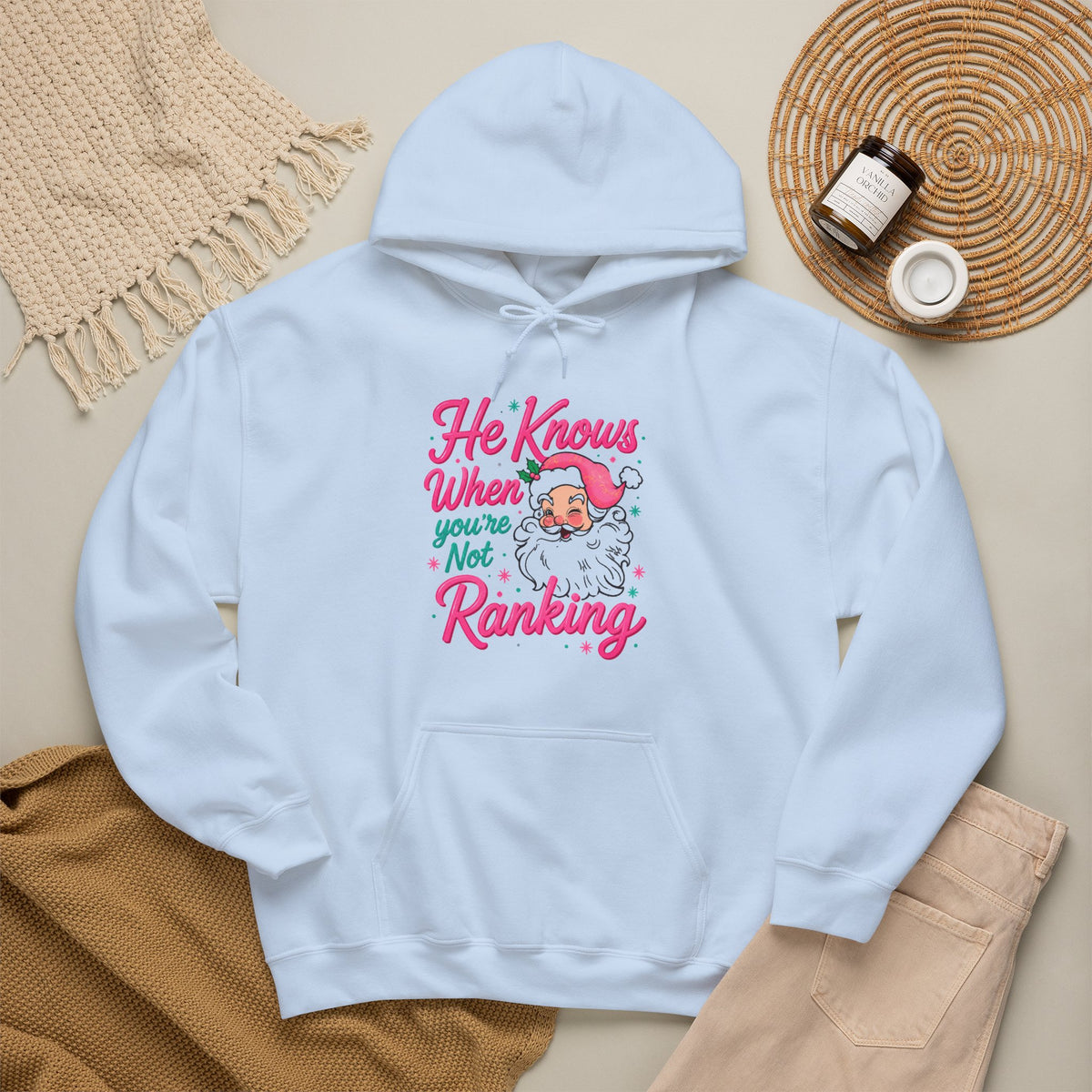 Santa Graphic Hoodie — "He Knows When You’re Not Ranking" SEO Funny Holiday Hoodie (Search Perfect Back)