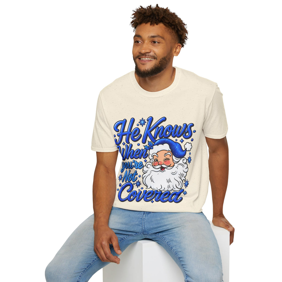He Knows When You Are Not Covered Santa Christmas T-Shirt - Blue Black