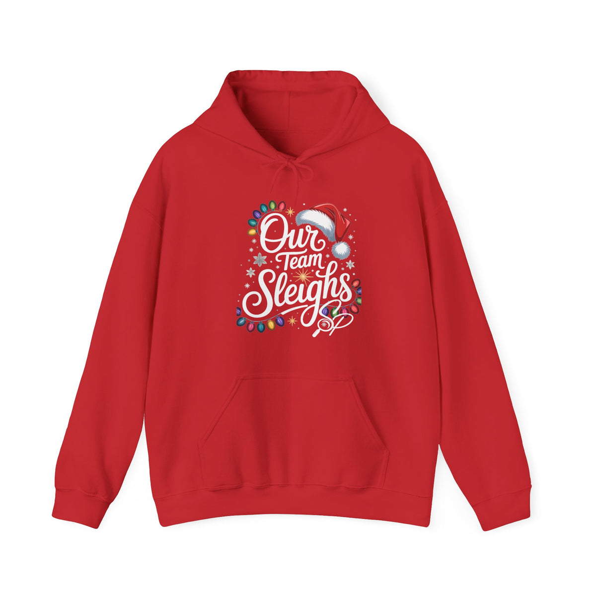Our Team Sleighs Search Perfect Hoodie — Christmas Lights & Santa Hat Pullover