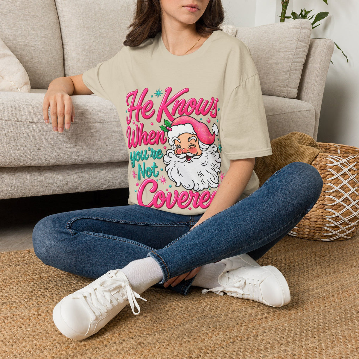 He Knows When You Are Not Covered Santa Christmas T-Shirt - Pink/Turquoise Graphic
