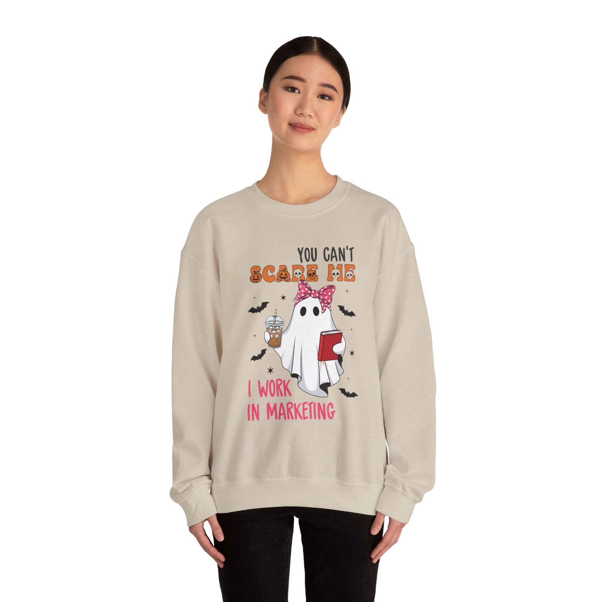 Funny Marketing Sweatshirt, Cute Ghost Ghoul Design, Halloween Gift, Unisex Crewneck, Work Humor