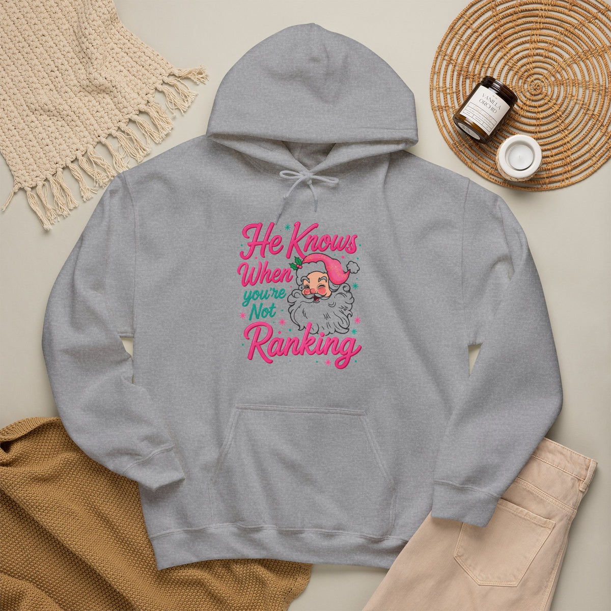 Santa Graphic Hoodie — "He Knows When You’re Not Ranking" SEO Funny Holiday Hoodie (Search Perfect Back)