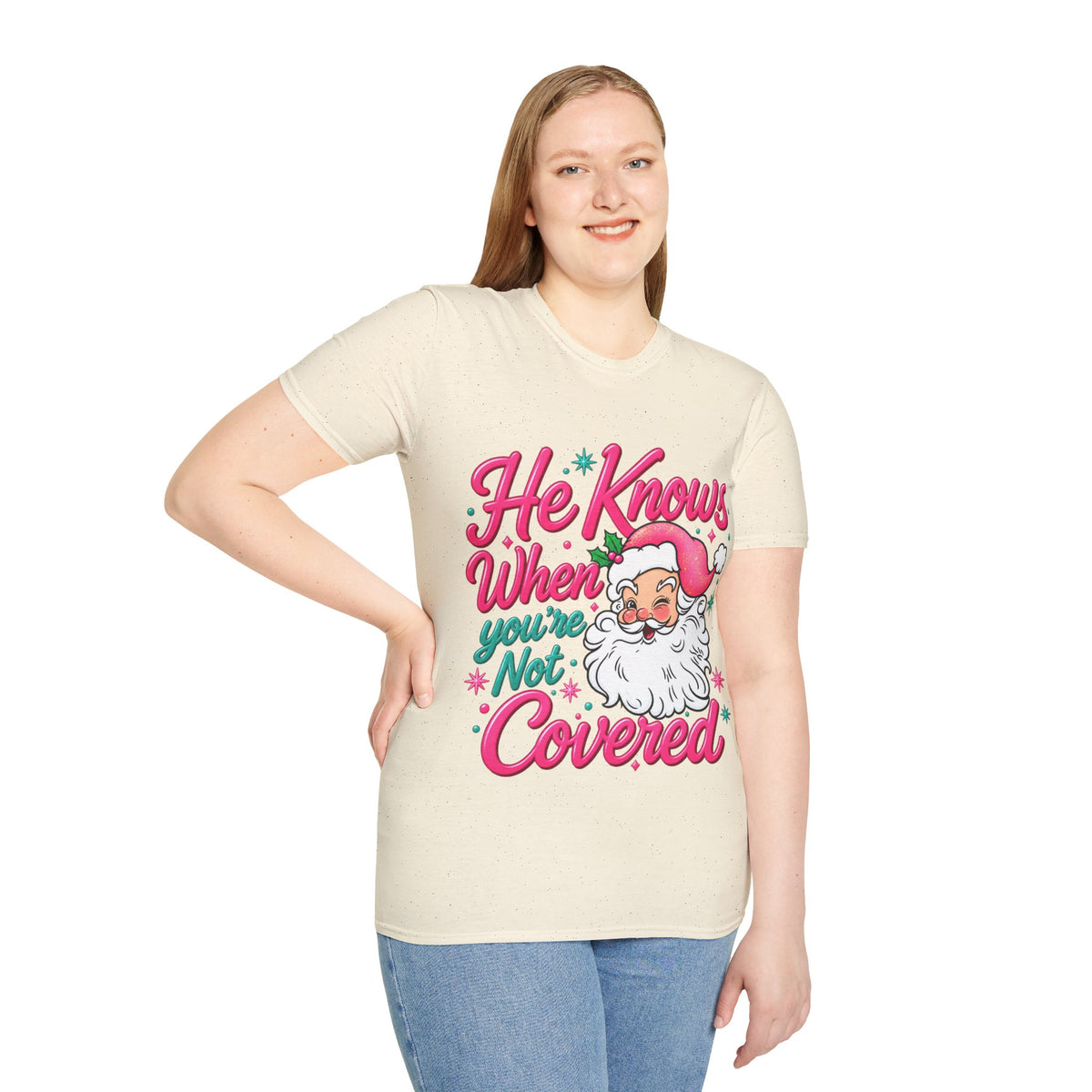 He Knows When You Are Not Covered Santa Christmas T-Shirt - Pink/Turquoise Graphic