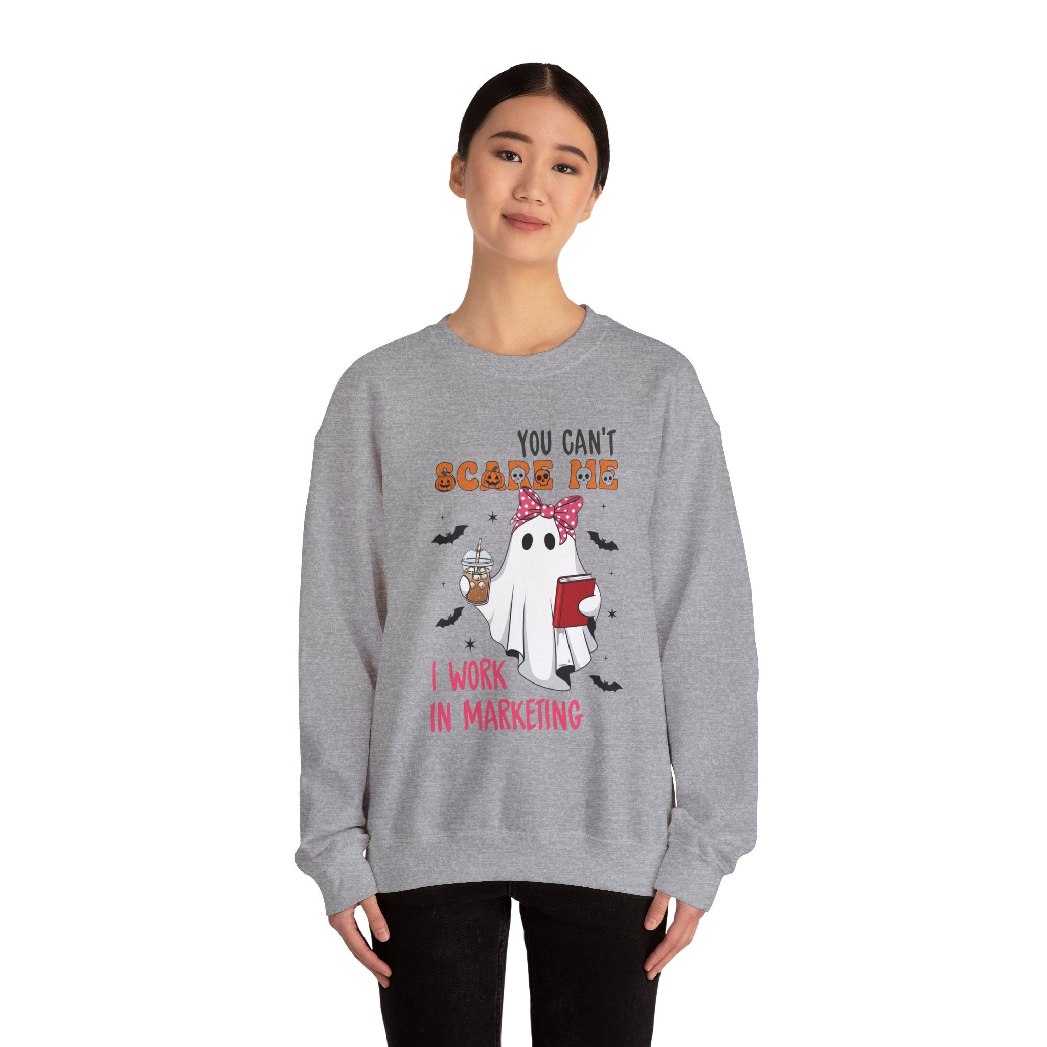 Funny Marketing Sweatshirt, Cute Ghost Ghoul Design, Halloween Gift, Unisex Crewneck, Work Humor