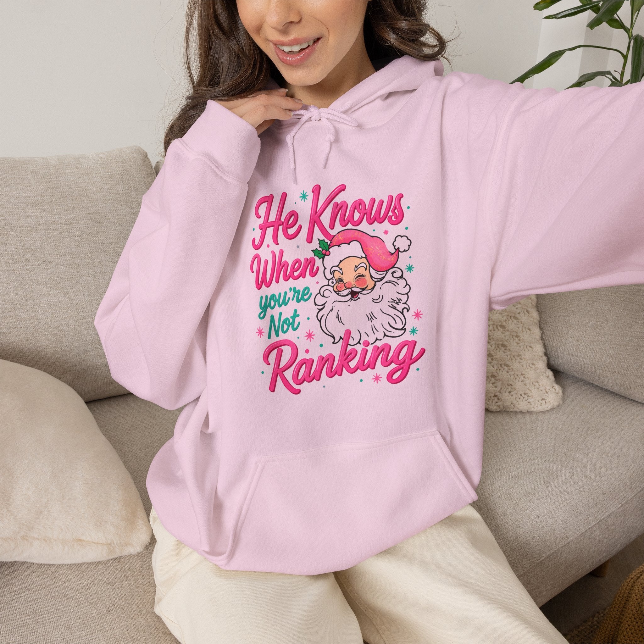 Santa Graphic Hoodie — "He Knows When You’re Not Ranking" SEO Funny Holiday Hoodie (Search Perfect Back)