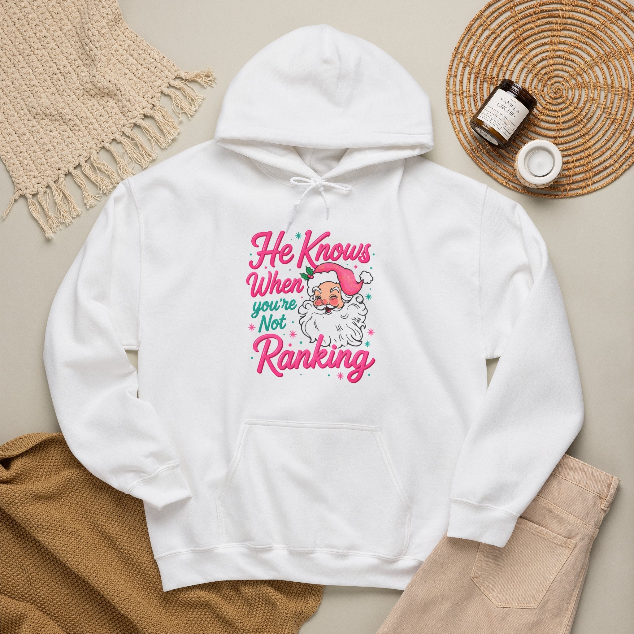 Santa Graphic Hoodie — "He Knows When You’re Not Ranking" SEO Funny Holiday Hoodie (Search Perfect Back)
