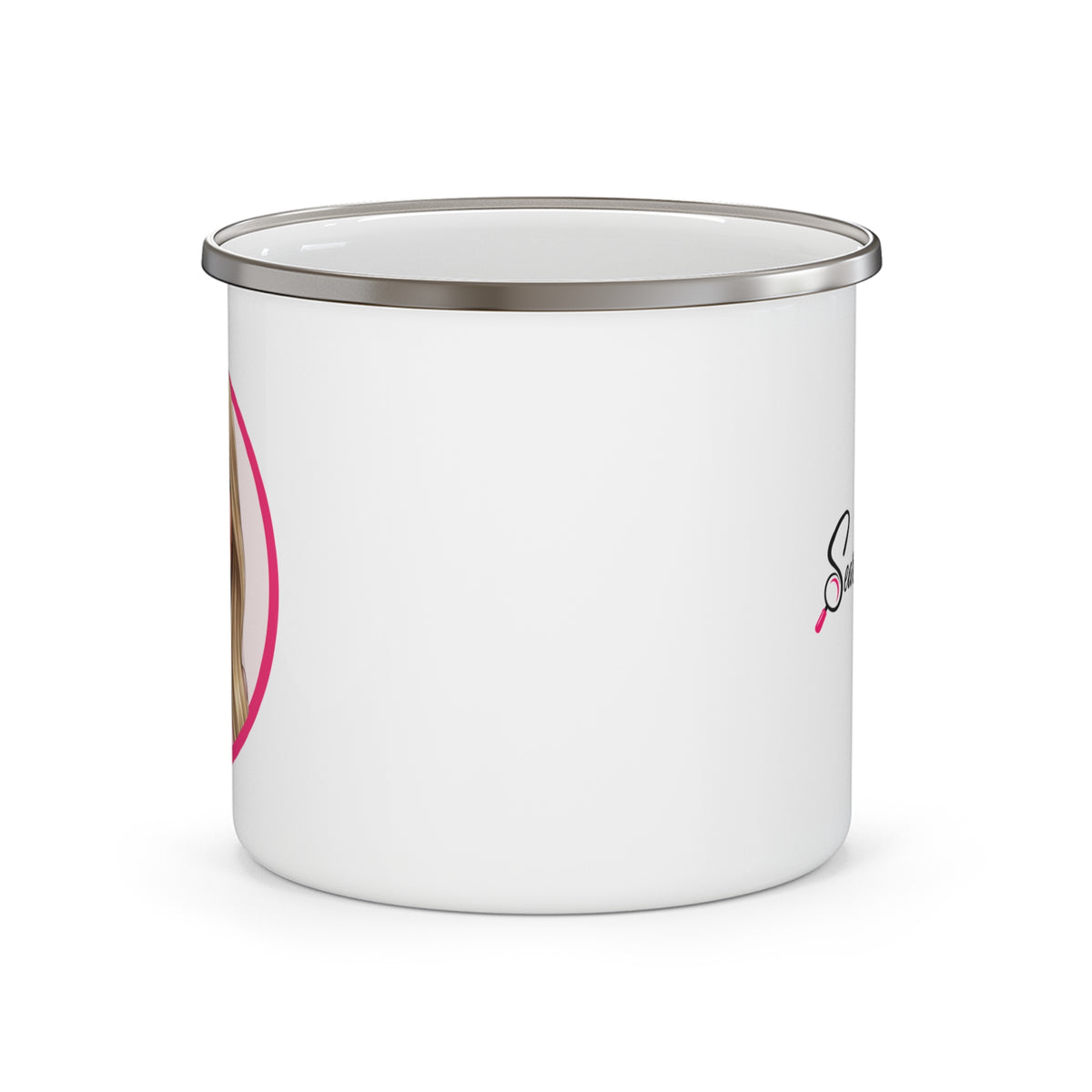 Cyndy Enamel Camping Mug — Search Perfect  Retro Pink Circle Camper Coffee Cup for Outdoor Lovers