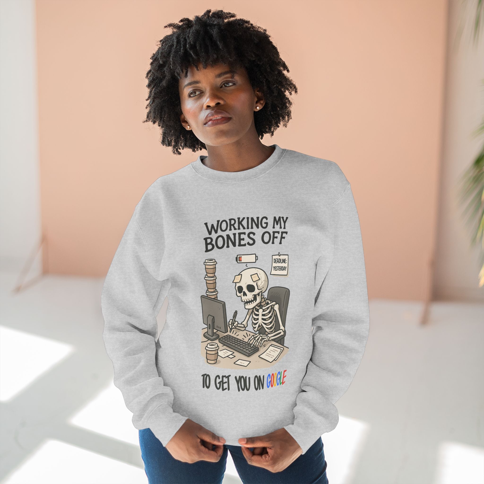 Unisex Working My Bones Off Sweatshirt, Funny Skeleton Crewneck, Casual Gift, Halloween Apparel, Office Humor Clothing, Relaxed Fit Sweatshirt