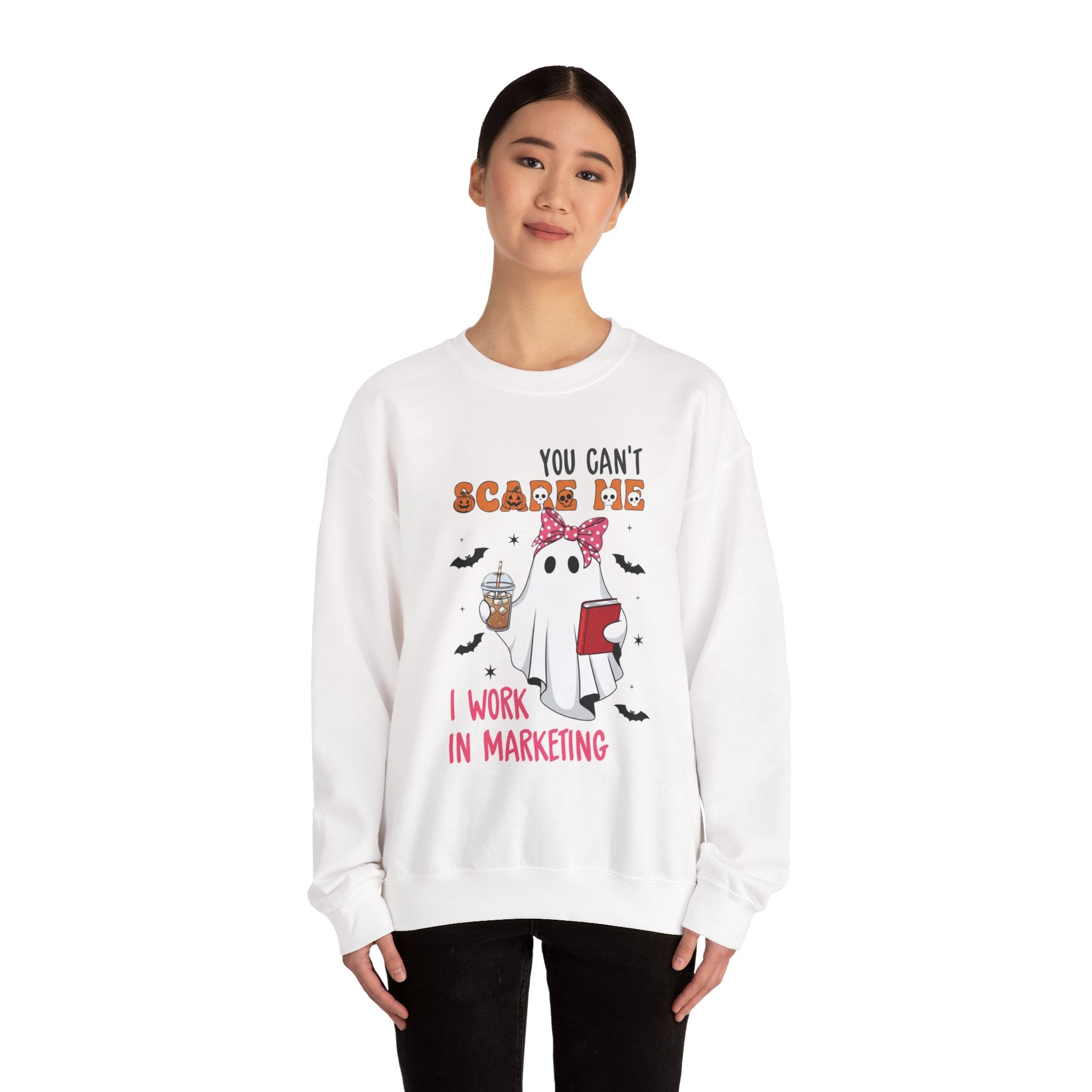Funny Marketing Sweatshirt, Cute Ghost Ghoul Design, Halloween Gift, Unisex Crewneck, Work Humor
