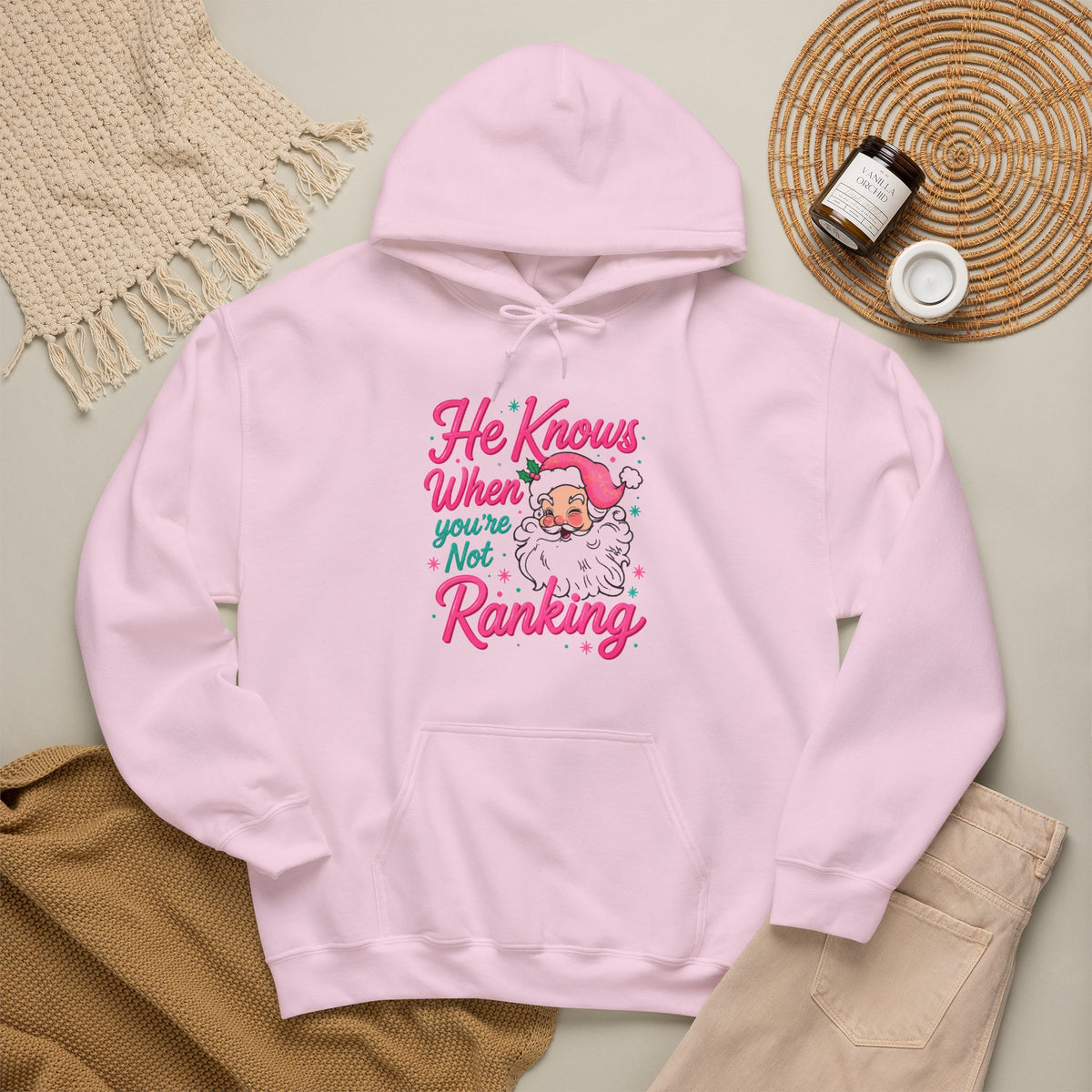 Santa Graphic Hoodie — "He Knows When You’re Not Ranking" SEO Funny Holiday Hoodie (Search Perfect Back)