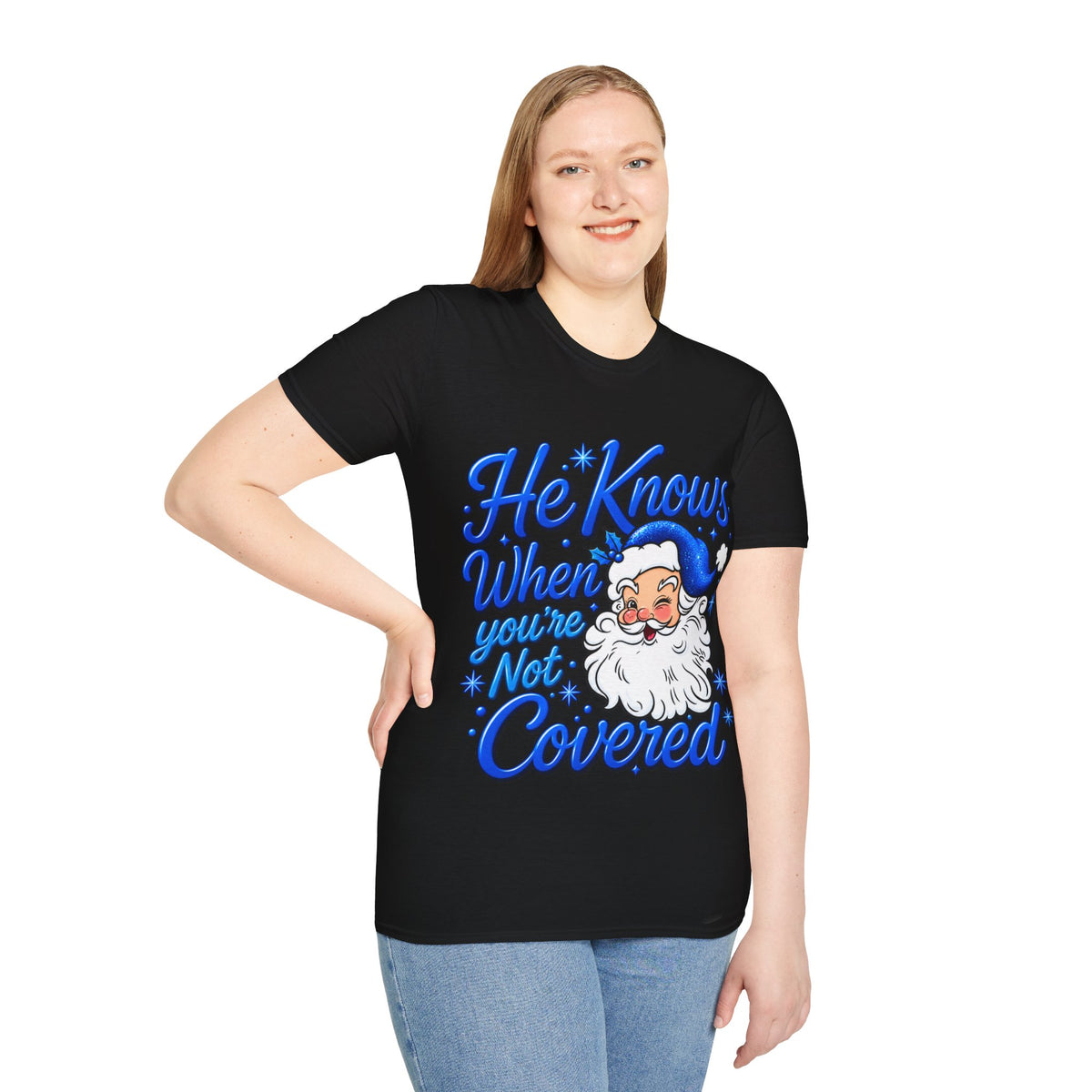 He Knows When You Are Not Covered Santa Christmas T-Shirt - Blue Black