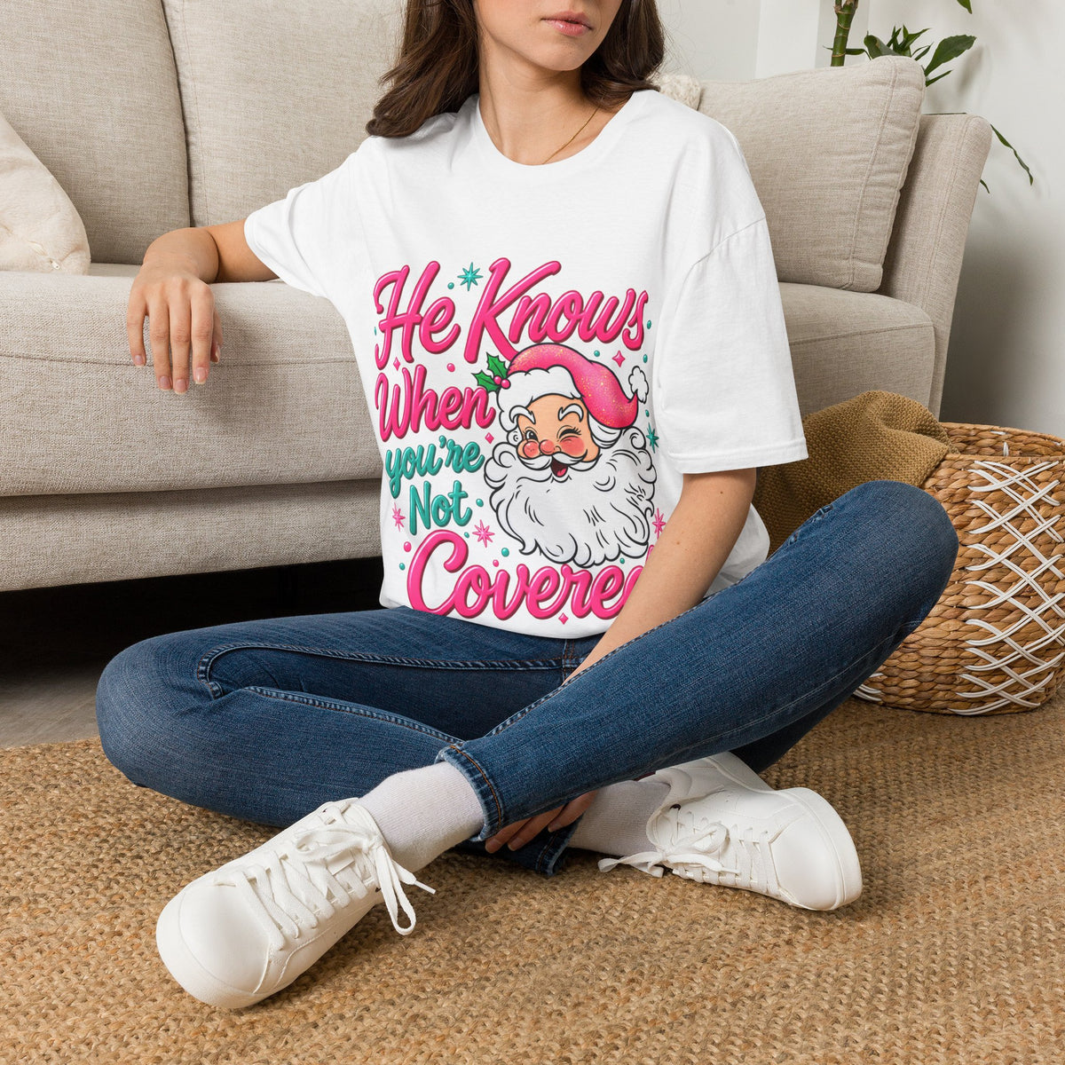 He Knows When You Are Not Covered Santa Christmas T-Shirt - Pink/Turquoise Graphic