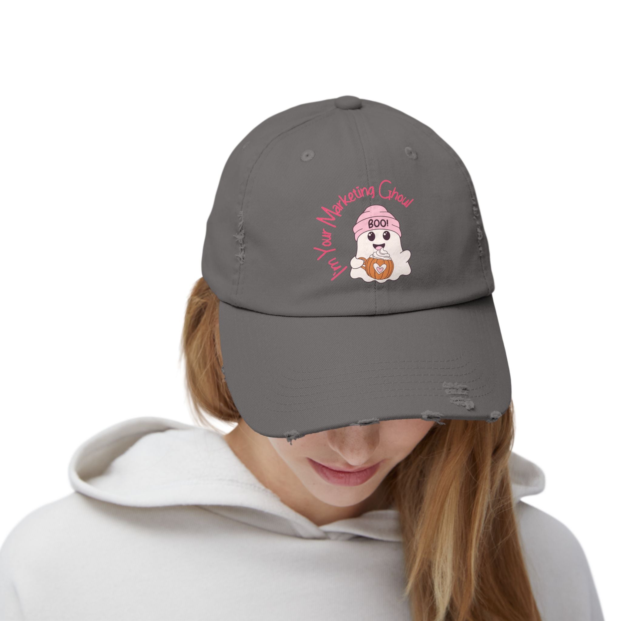 Unisex Distressed Cap – I'm Your Marketing Ghoul, Casual Hat for Creative Professionals, Gift for Marketers