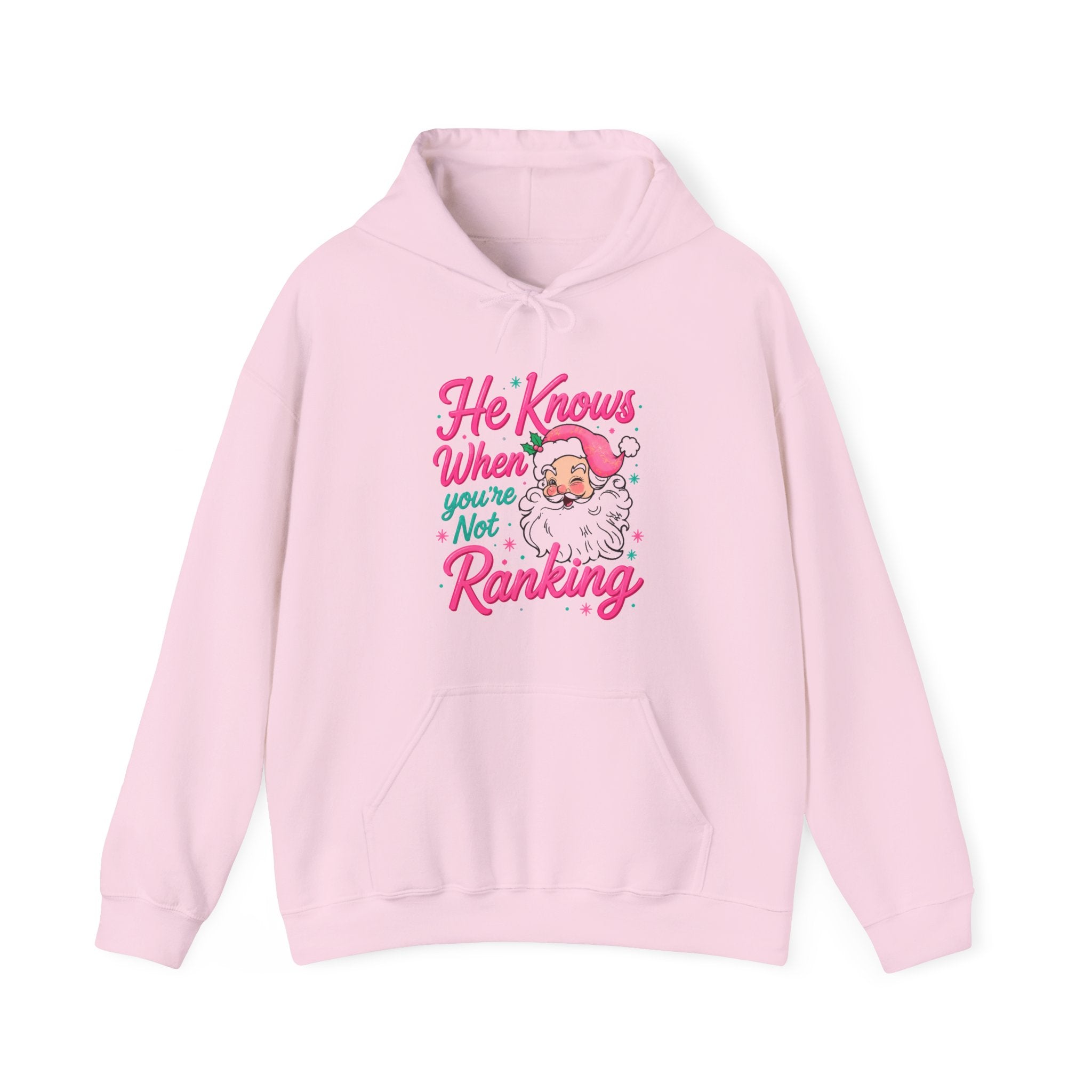 Santa Graphic Hoodie — "He Knows When You’re Not Ranking" SEO Funny Holiday Hoodie (Search Perfect Back)