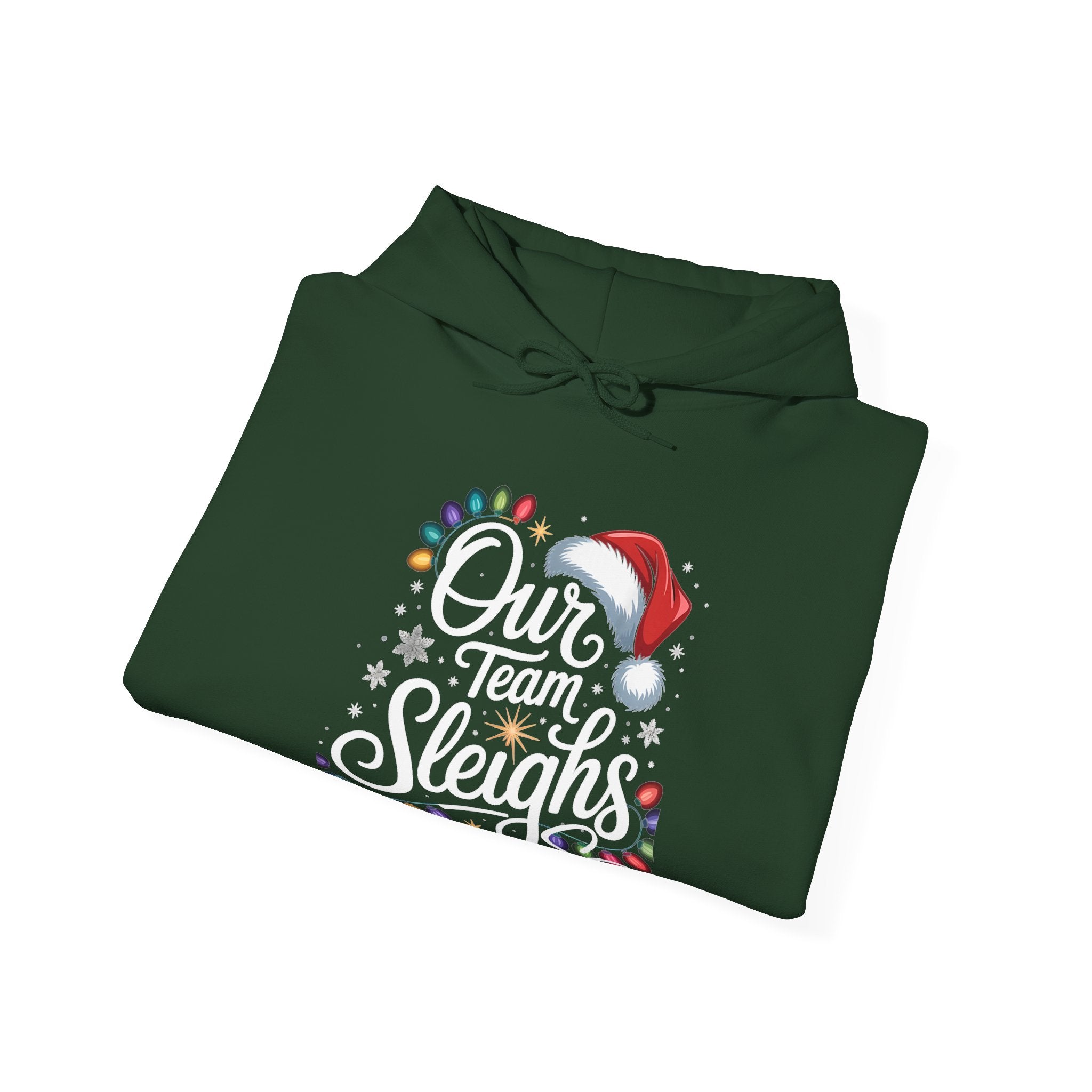 Our Team Sleighs Search Perfect Hoodie — Christmas Lights & Santa Hat Pullover