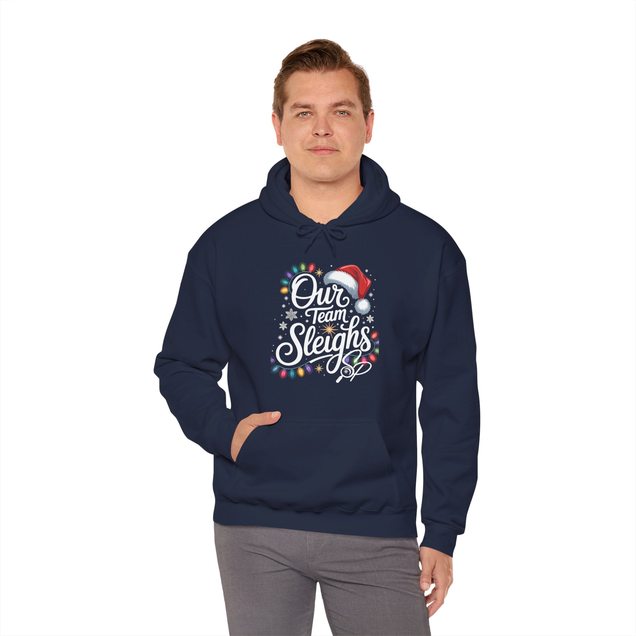 Our Team Sleighs Search Perfect Hoodie — Christmas Lights & Santa Hat Pullover