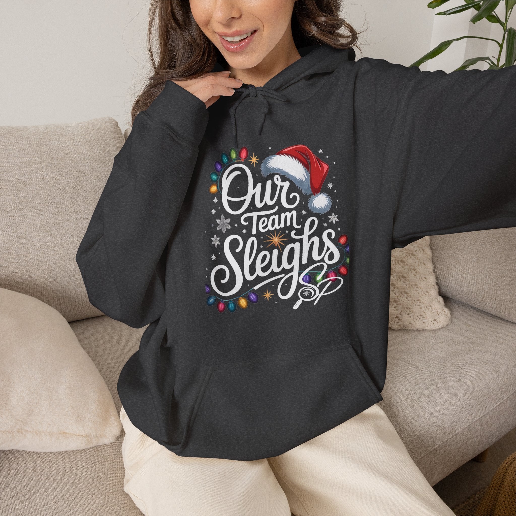 Our Team Sleighs Search Perfect Hoodie — Christmas Lights & Santa Hat Pullover