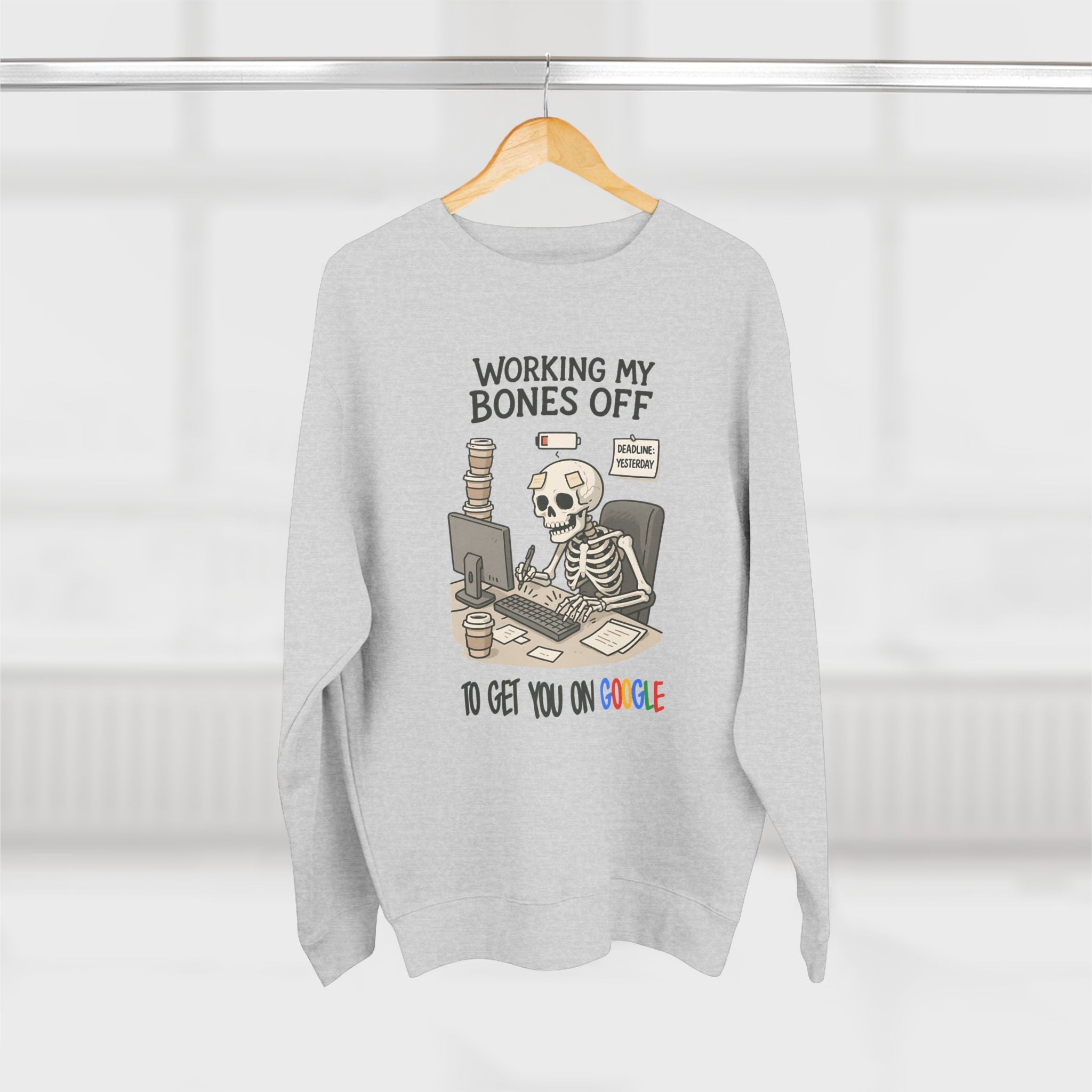 Unisex Working My Bones Off Sweatshirt, Funny Skeleton Crewneck, Casual Gift, Halloween Apparel, Office Humor Clothing, Relaxed Fit Sweatshirt