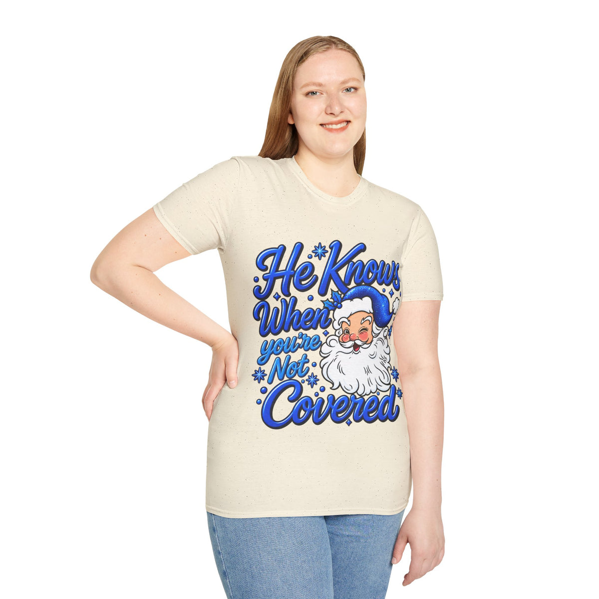 He Knows When You Are Not Covered Santa Christmas T-Shirt - Blue Black