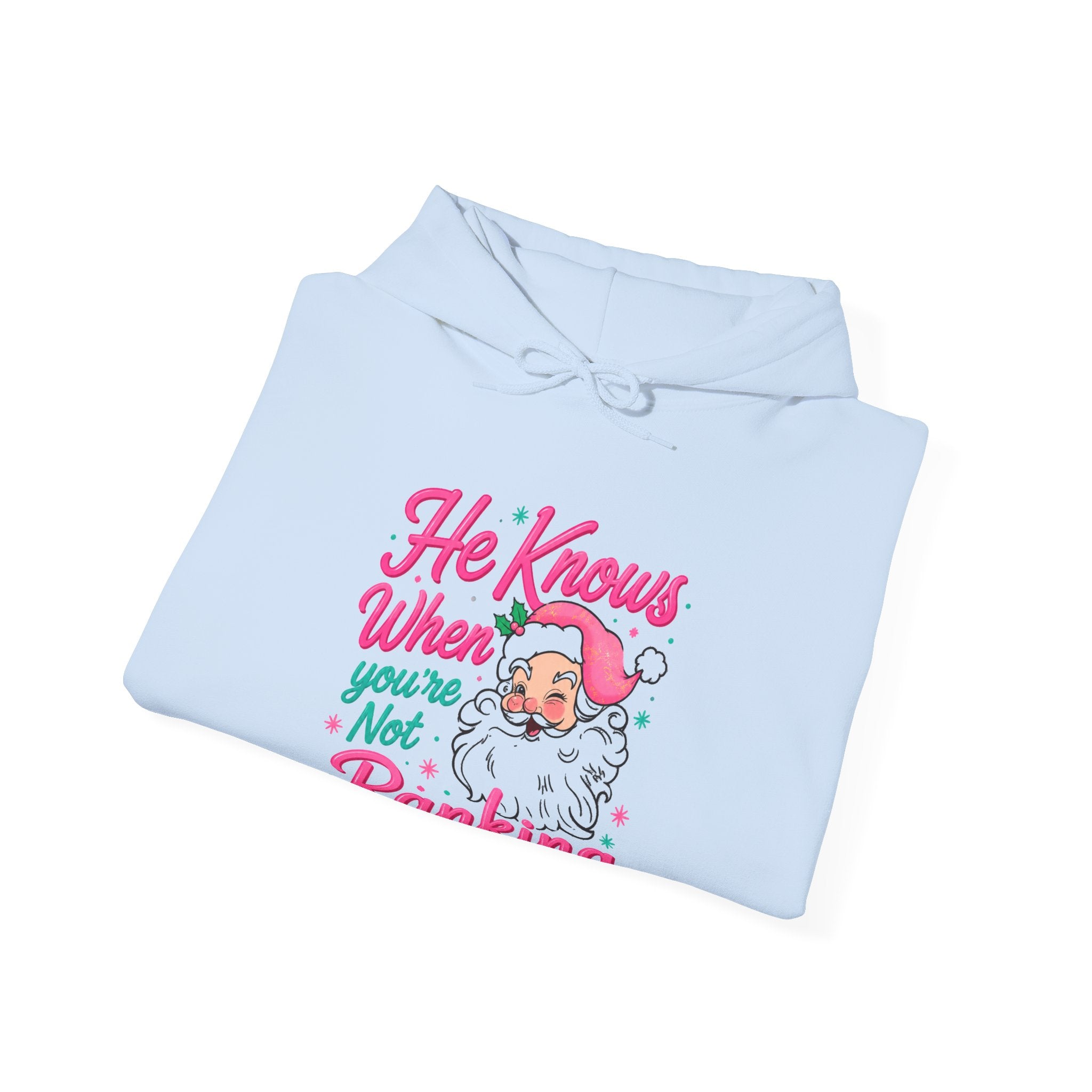 Santa Graphic Hoodie — "He Knows When You’re Not Ranking" SEO Funny Holiday Hoodie (Search Perfect Back)
