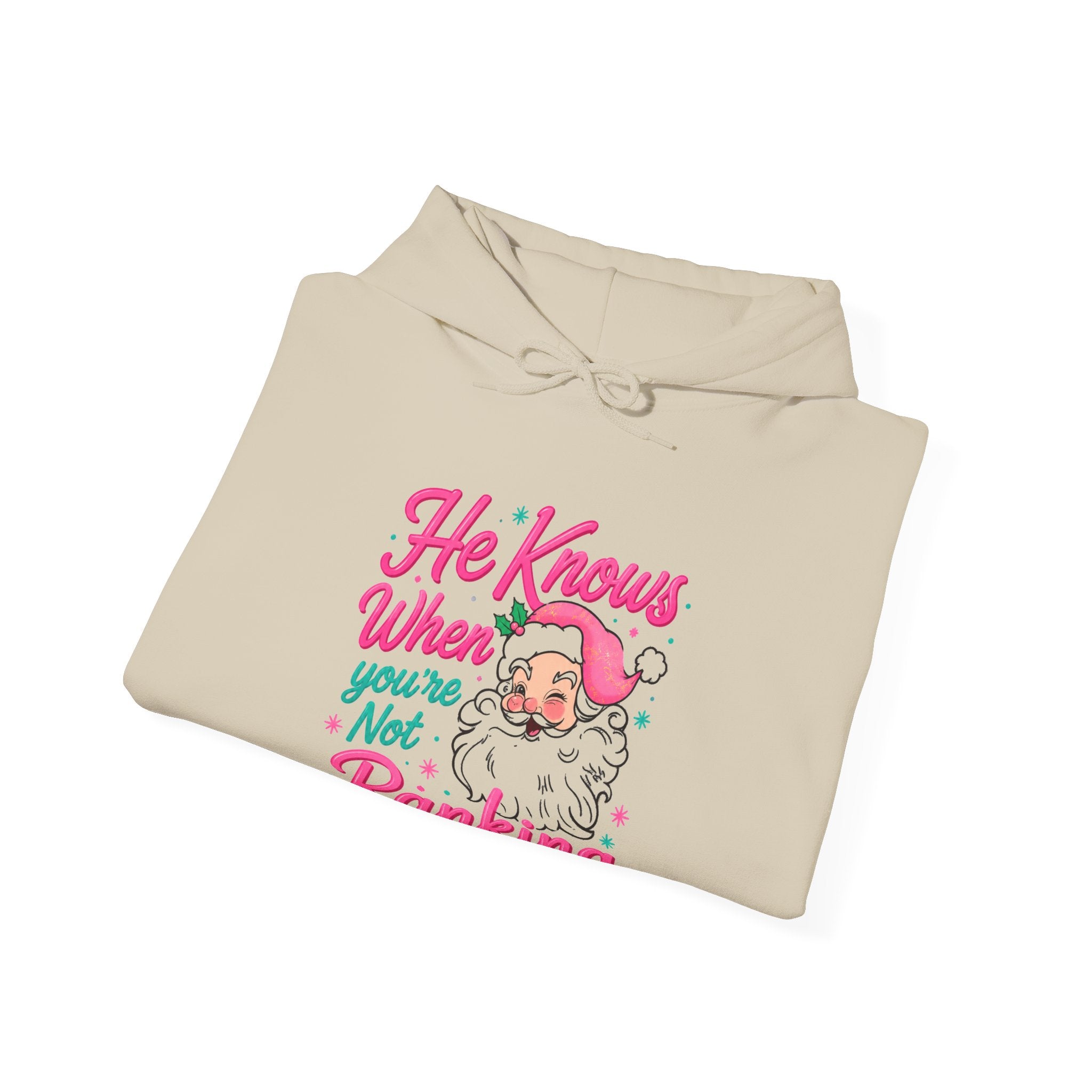 Santa Graphic Hoodie — "He Knows When You’re Not Ranking" SEO Funny Holiday Hoodie (Search Perfect Back)