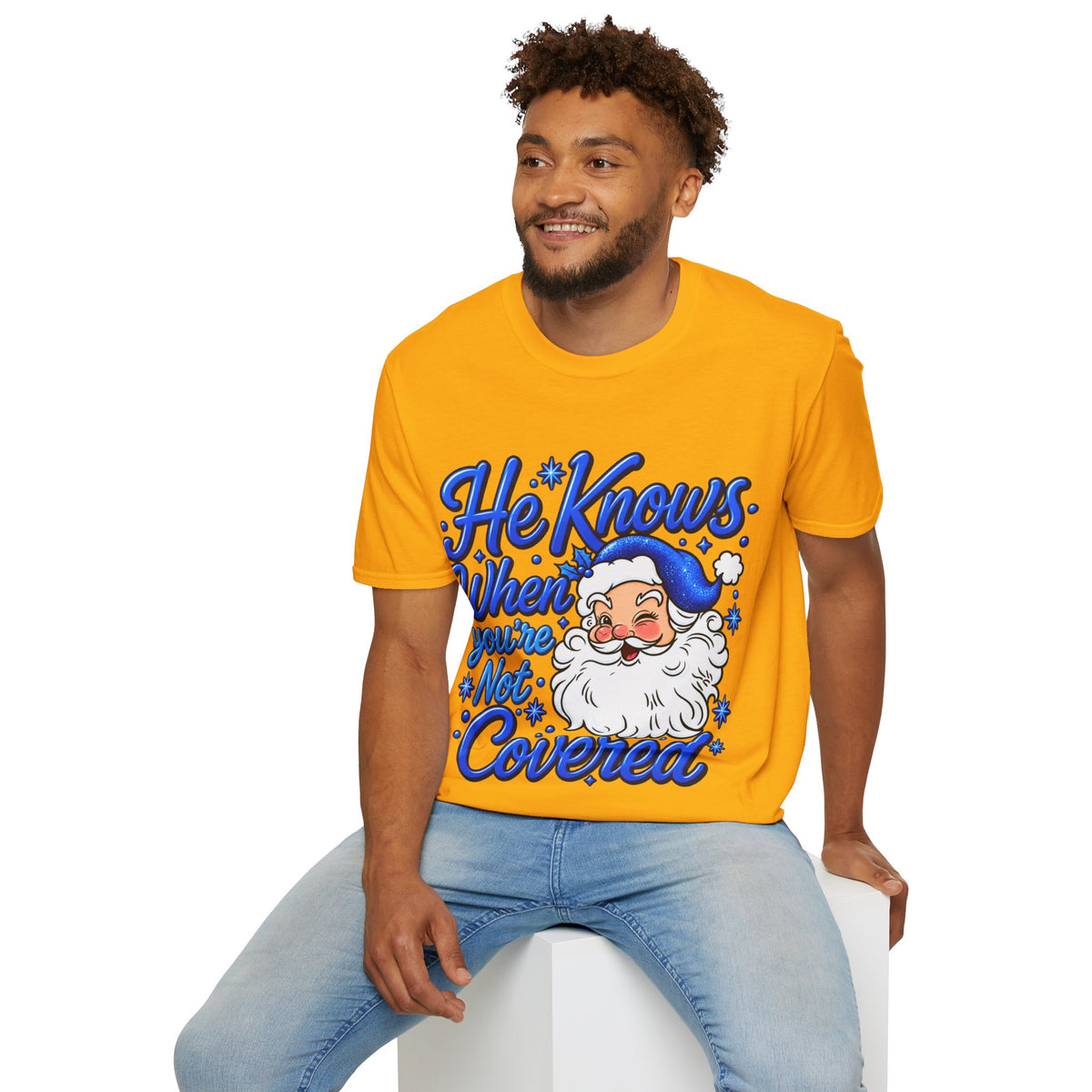 He Knows When You Are Not Covered Santa Christmas T-Shirt - Blue Black