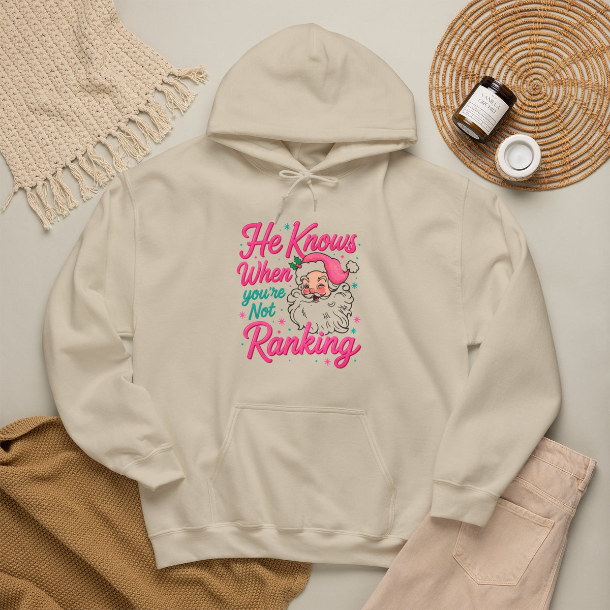 Santa Graphic Hoodie — "He Knows When You’re Not Ranking" SEO Funny Holiday Hoodie (Search Perfect Back)
