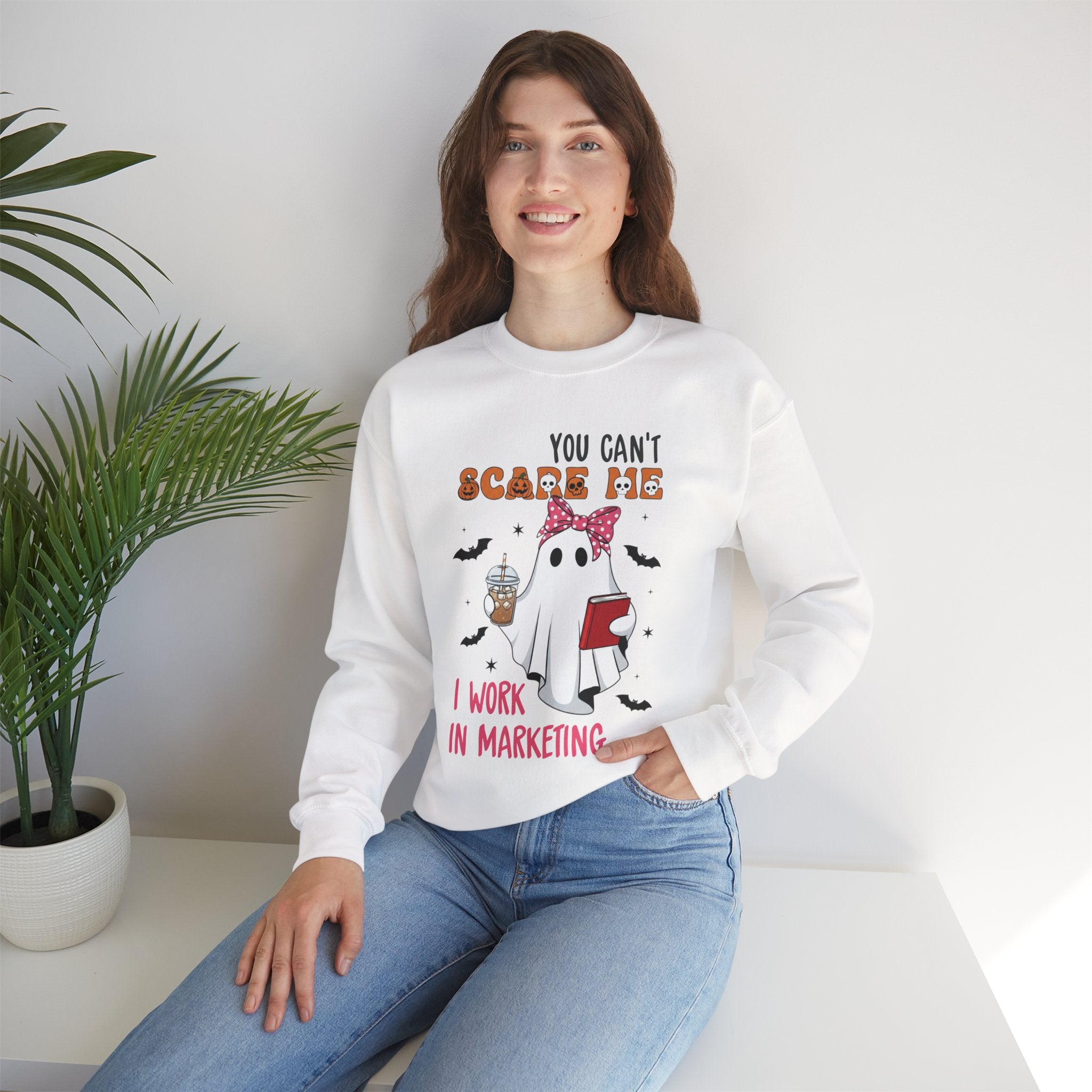 Funny Marketing Sweatshirt, Cute Ghost Ghoul Design, Halloween Gift, Unisex Crewneck, Work Humor