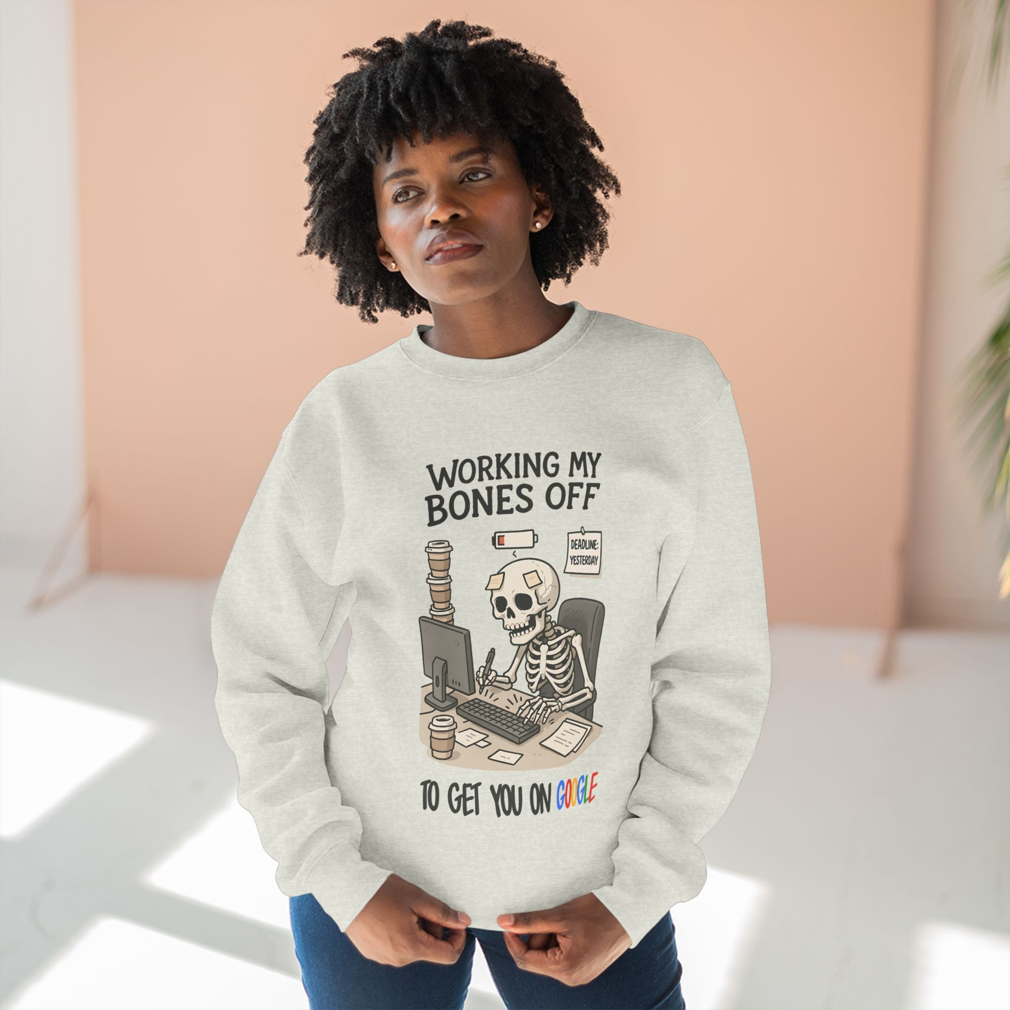 Unisex Working My Bones Off Sweatshirt, Funny Skeleton Crewneck, Casual Gift, Halloween Apparel, Office Humor Clothing, Relaxed Fit Sweatshirt