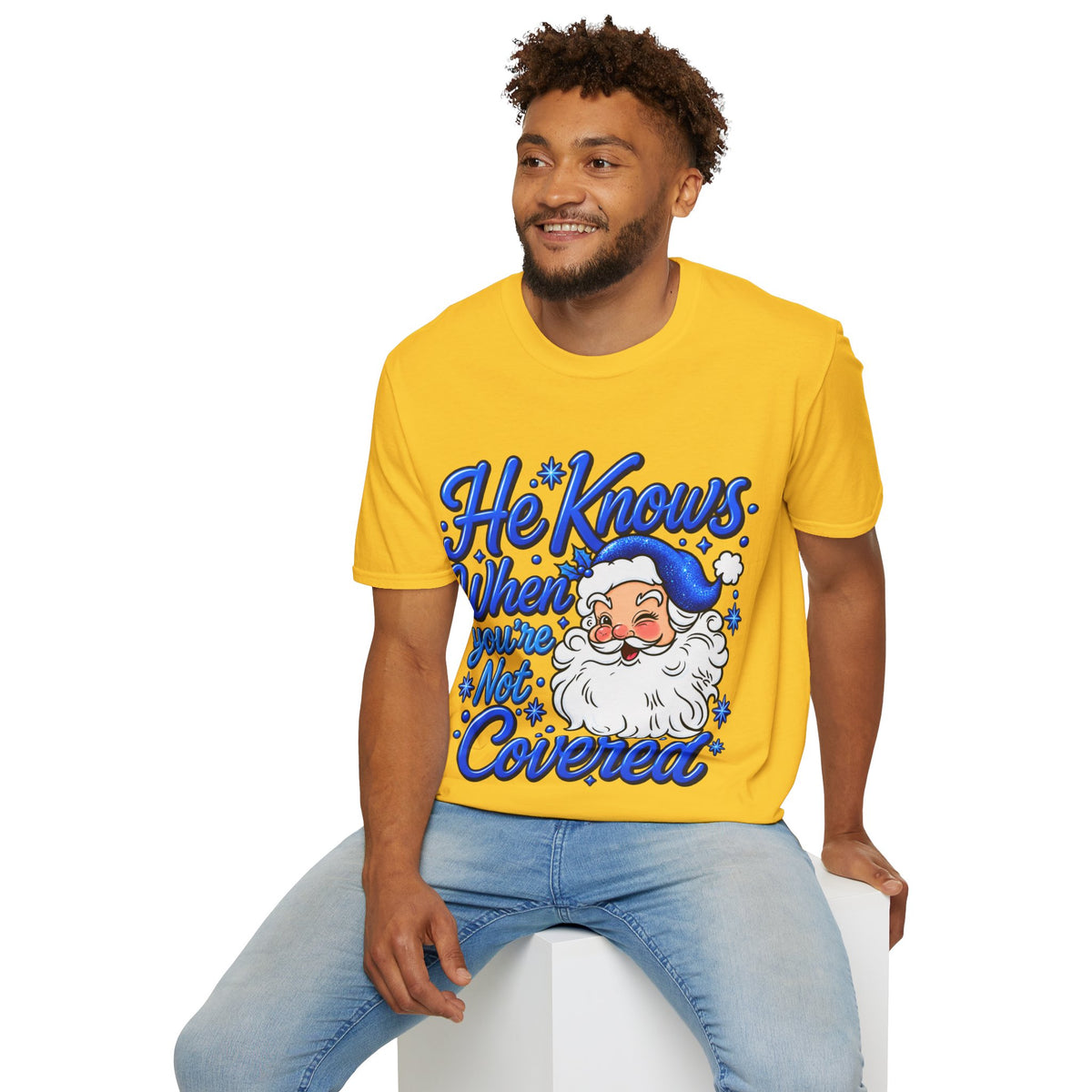 He Knows When You Are Not Covered Santa Christmas T-Shirt - Blue Black