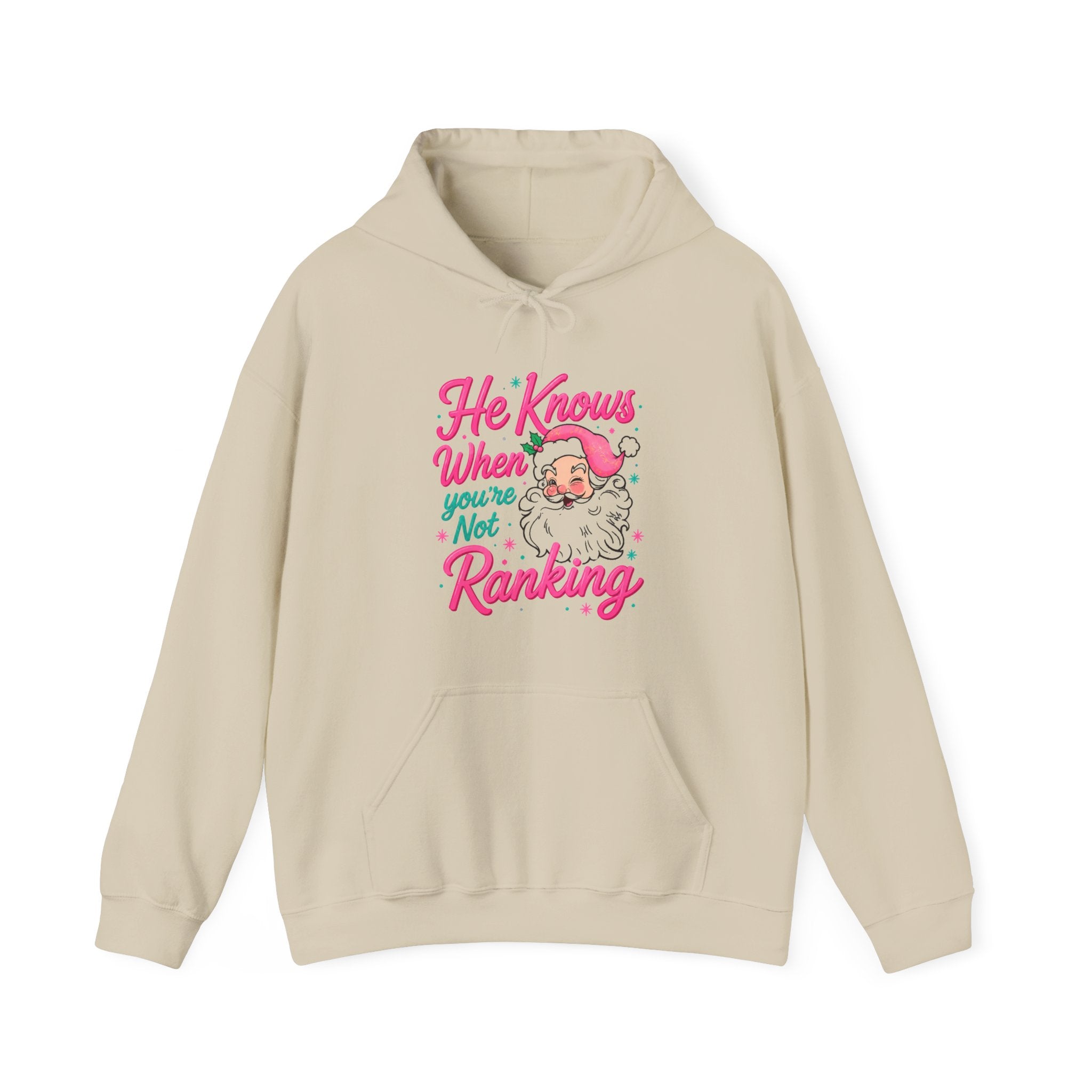 Santa Graphic Hoodie — "He Knows When You’re Not Ranking" SEO Funny Holiday Hoodie (Search Perfect Back)