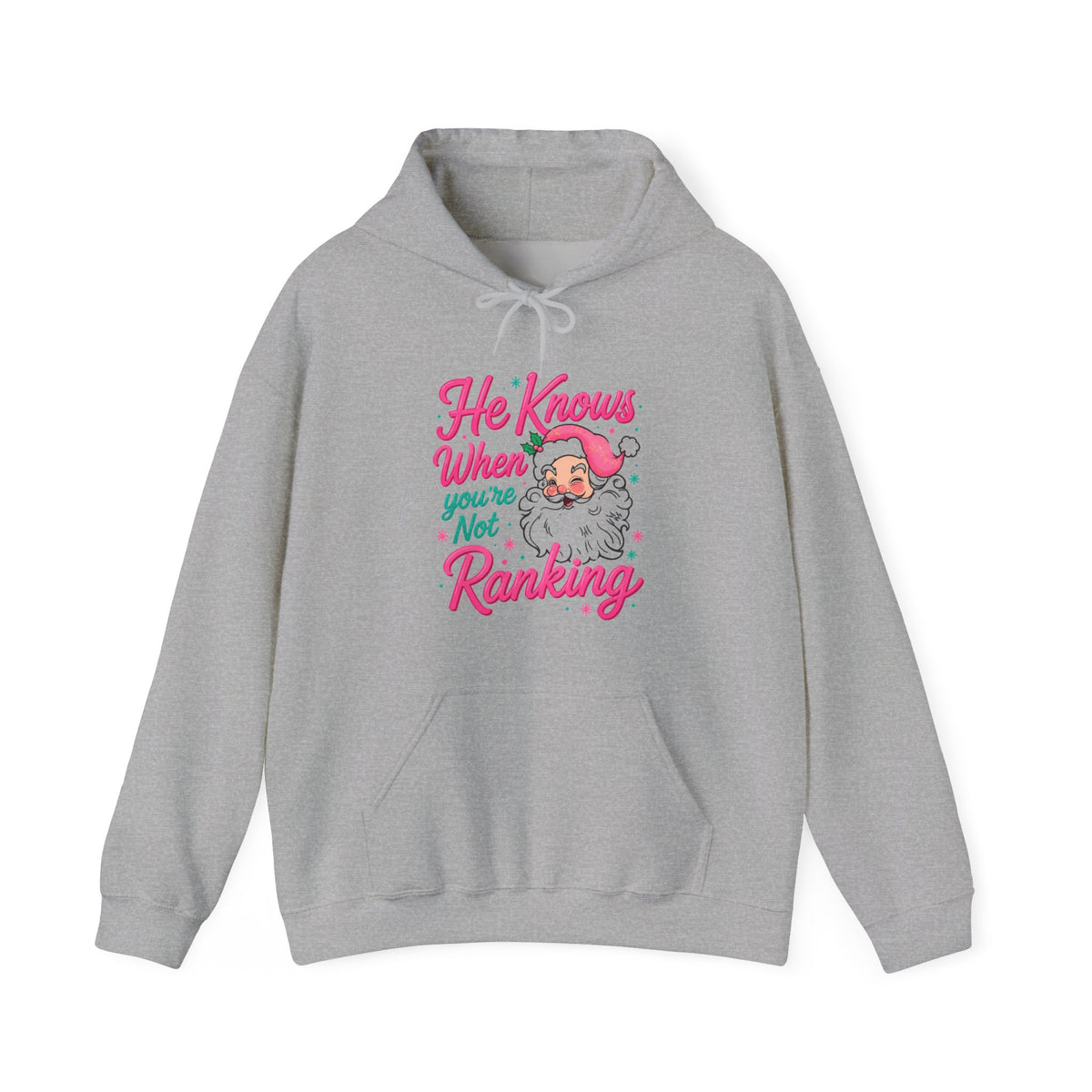 Santa Graphic Hoodie — "He Knows When You’re Not Ranking" SEO Funny Holiday Hoodie (Search Perfect Back)
