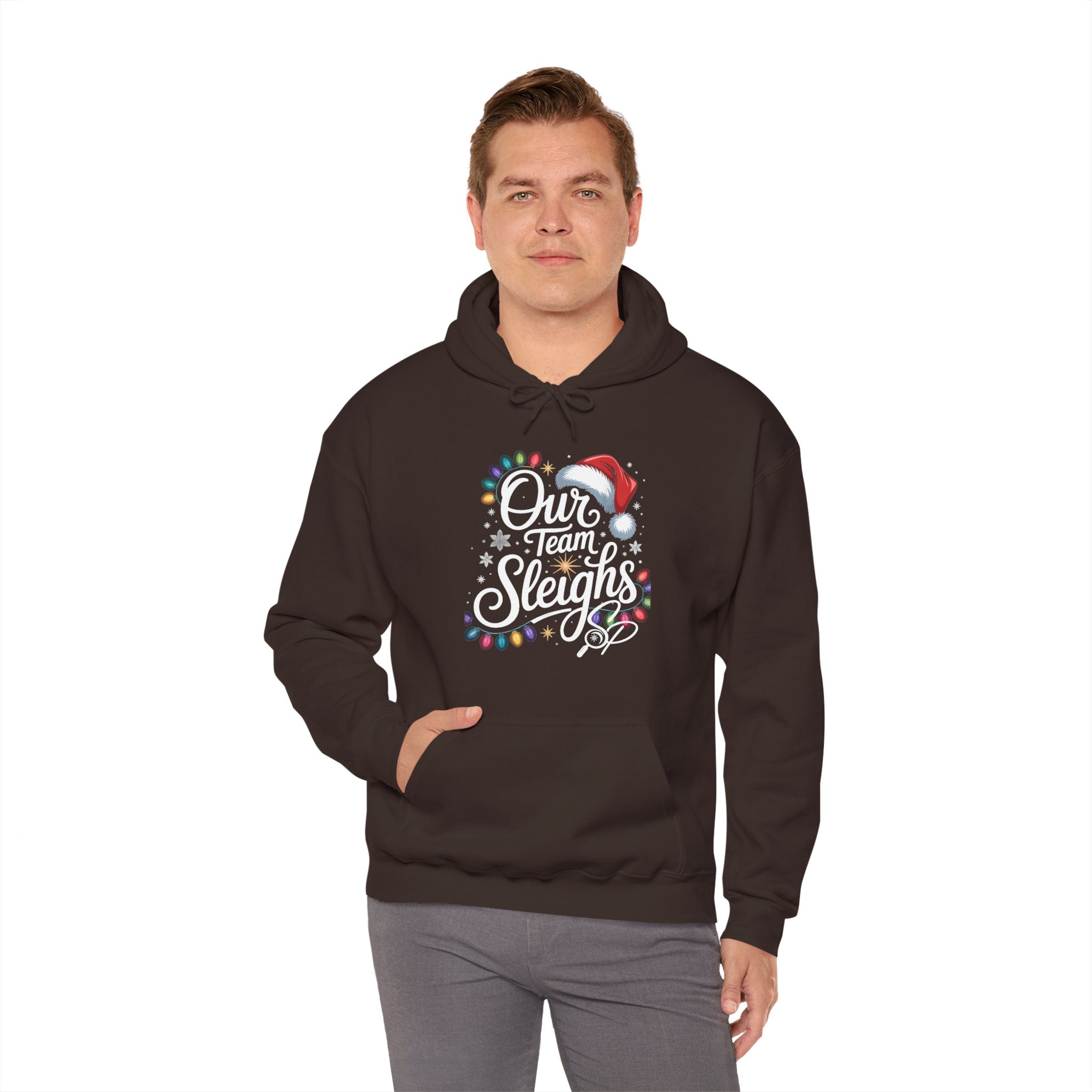 Our Team Sleighs Search Perfect Hoodie — Christmas Lights & Santa Hat Pullover