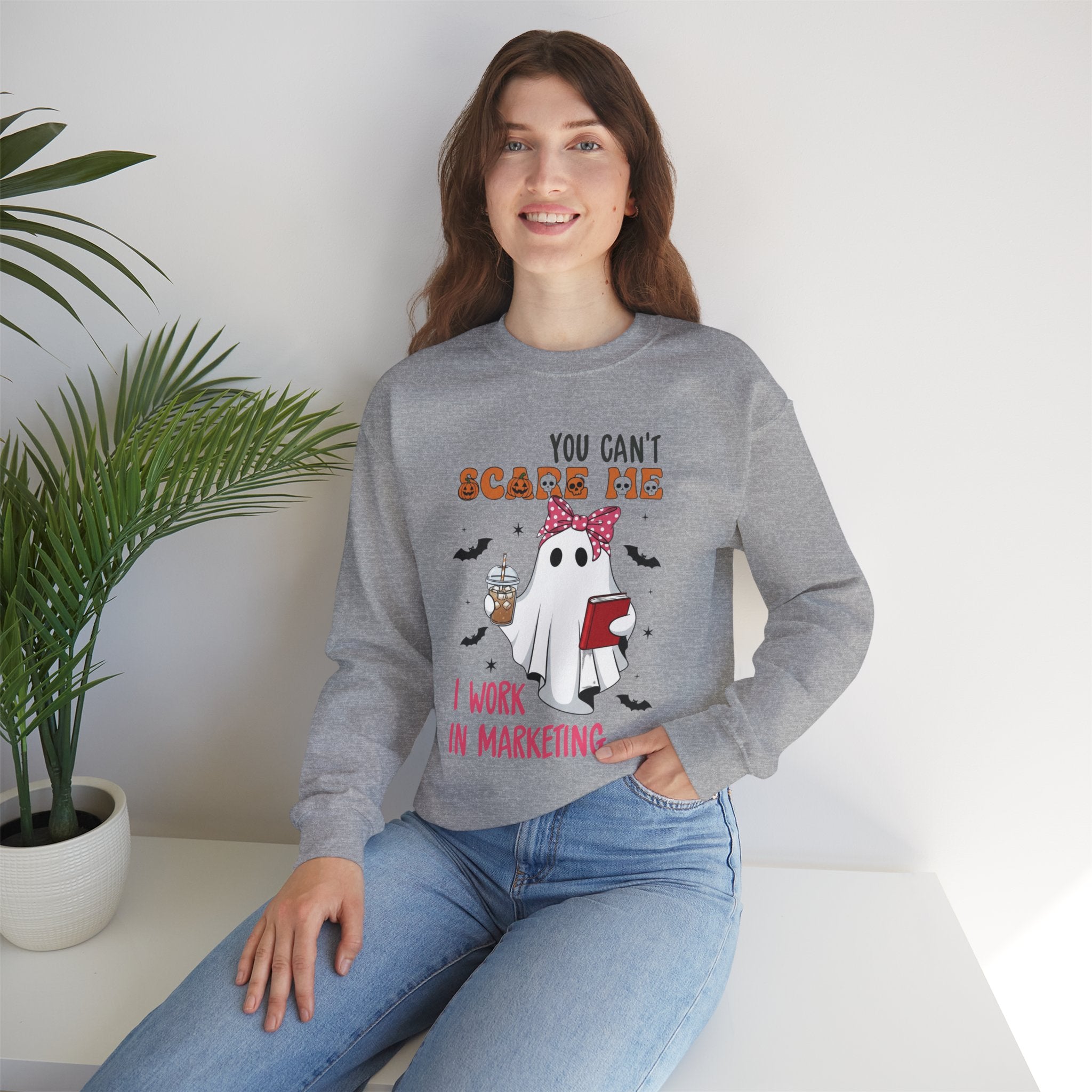 Funny Marketing Sweatshirt, Cute Ghost Ghoul Design, Halloween Gift, Unisex Crewneck, Work Humor